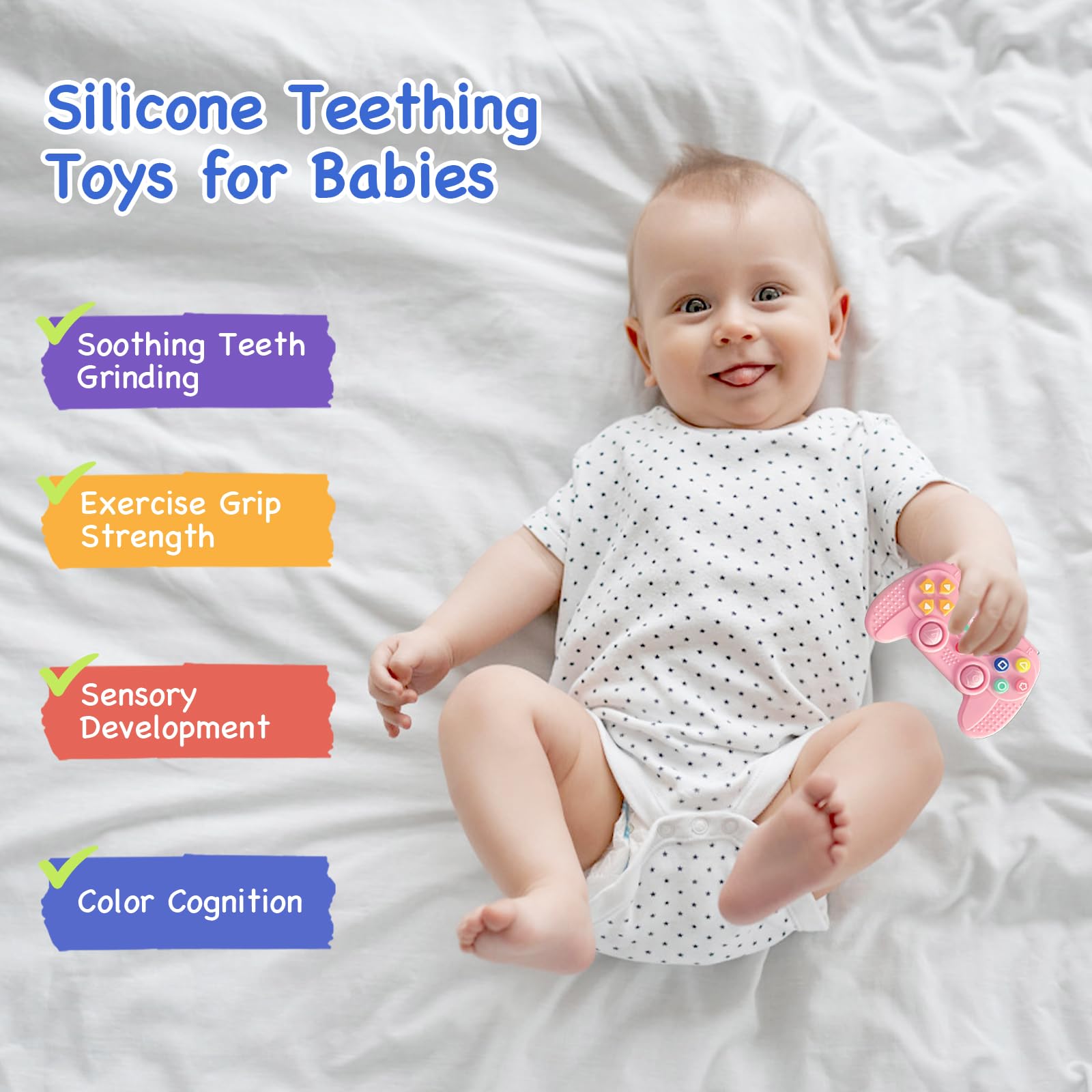 Hooku food-grade silicone teether highlighting safe material and chewability.