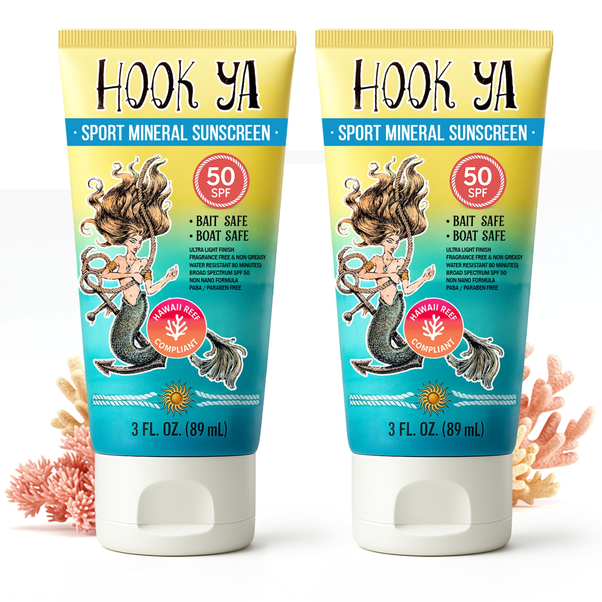 Hook'Ya Hawaii reef compliant sunscreen bottle; convenient 3oz travel size for on-the-go protection.