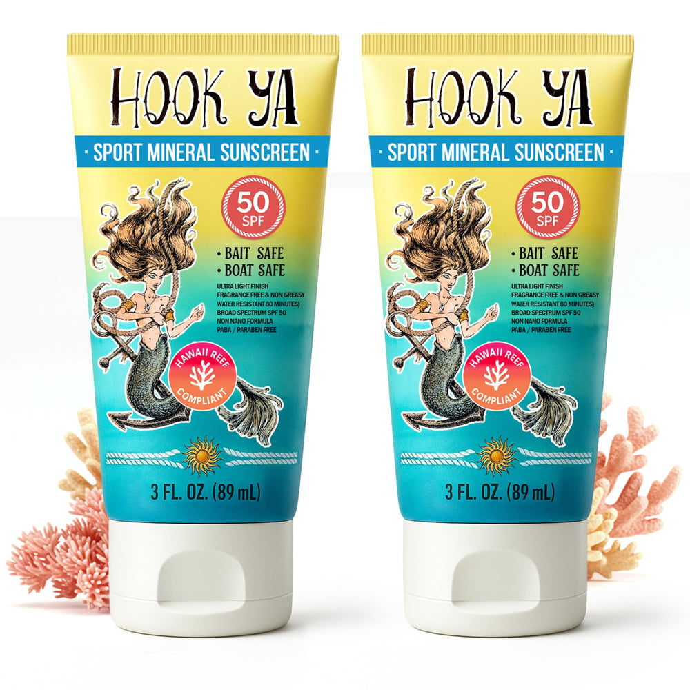Hook'Ya Hawaii reef compliant sunscreen bottle; convenient 3oz travel size for on-the-go protection.