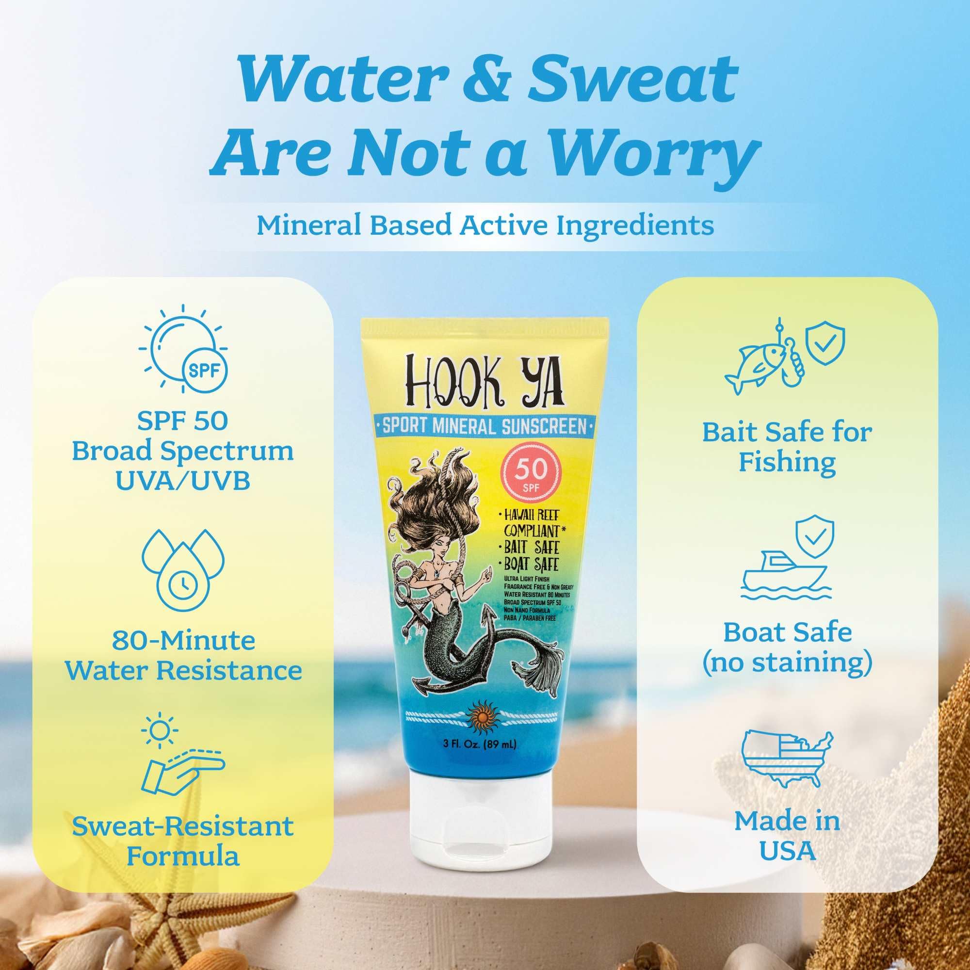Hook'Ya mineral-based protection sits on skin, ideal for daily wear and outdoor adventures.