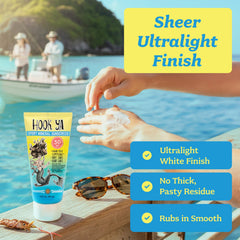 Hook'Ya ultralight mineral finish minimizes white cast on your skin.