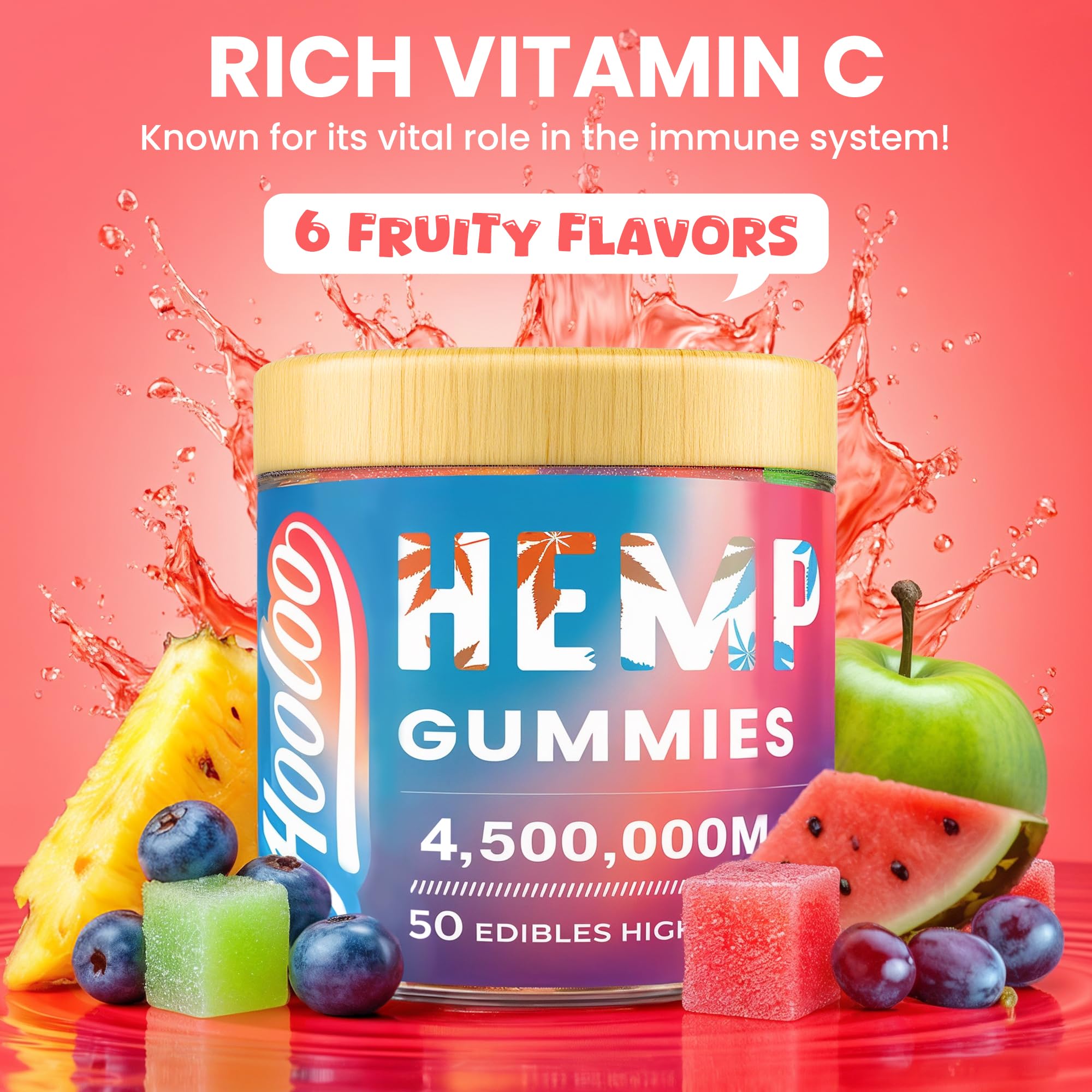 HOOLOO Hemp Gummies pack shows six fruity flavors for daily variety.