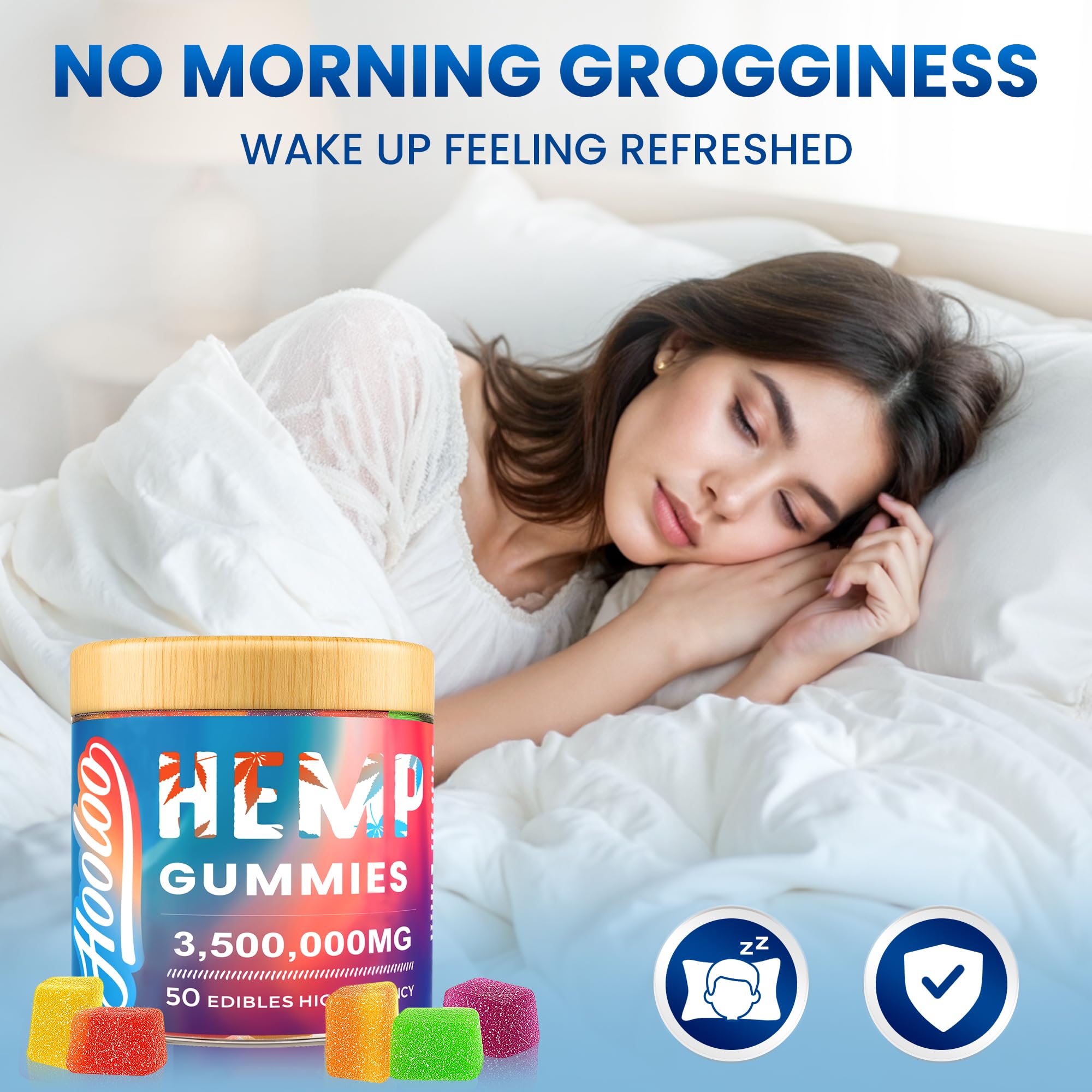 HOOLOO bedtime-relax scene with gummies on nightstand suggests wind-down routine.