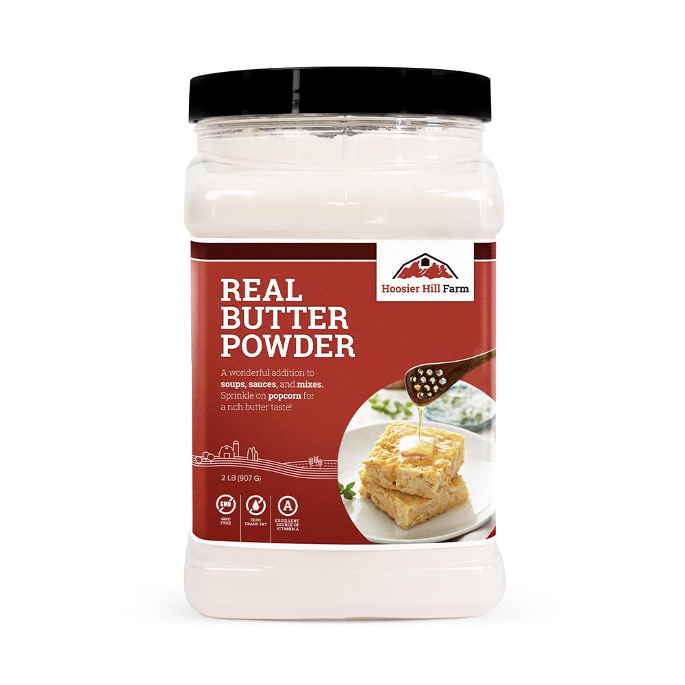 Hoosier Hill Farm Real Butter Powder packaging displayed for pantry use