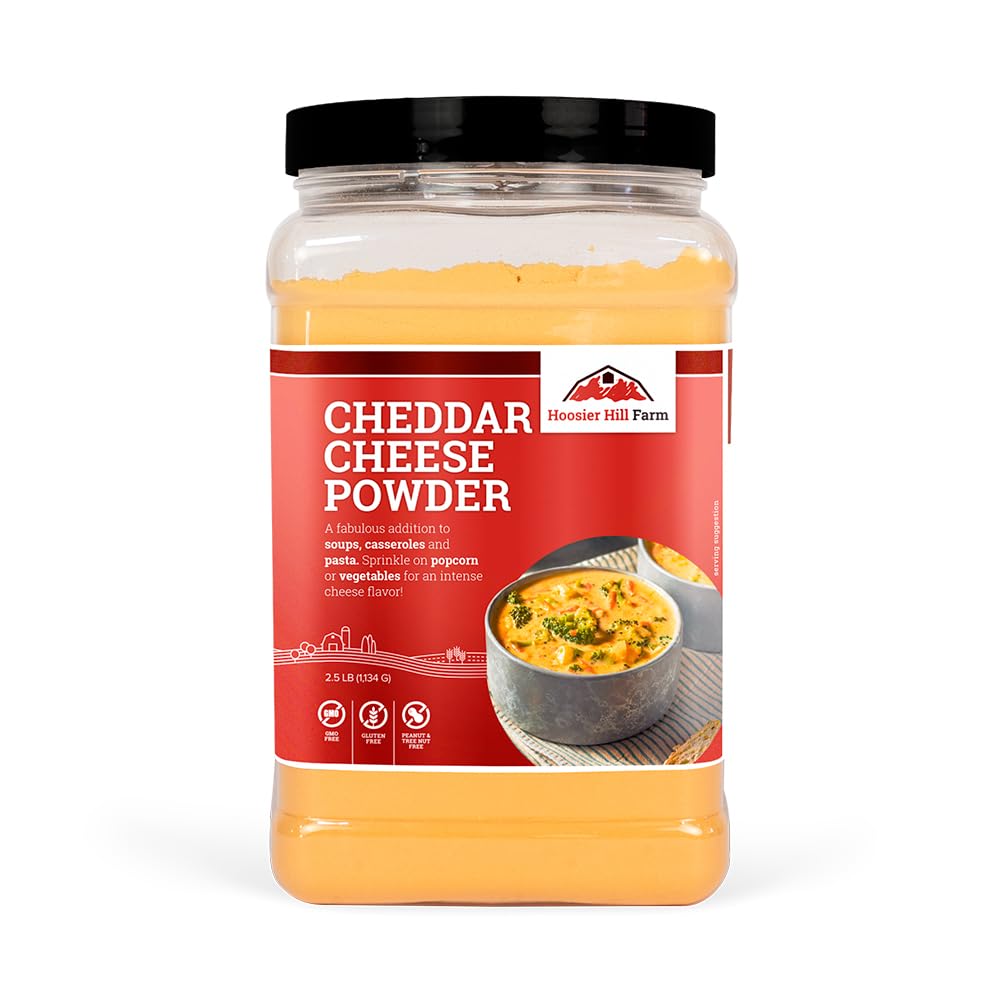 Hoosier Hill Farm Cheddar Cheese Powder jar showcases bold cheddar flavor for snacks.