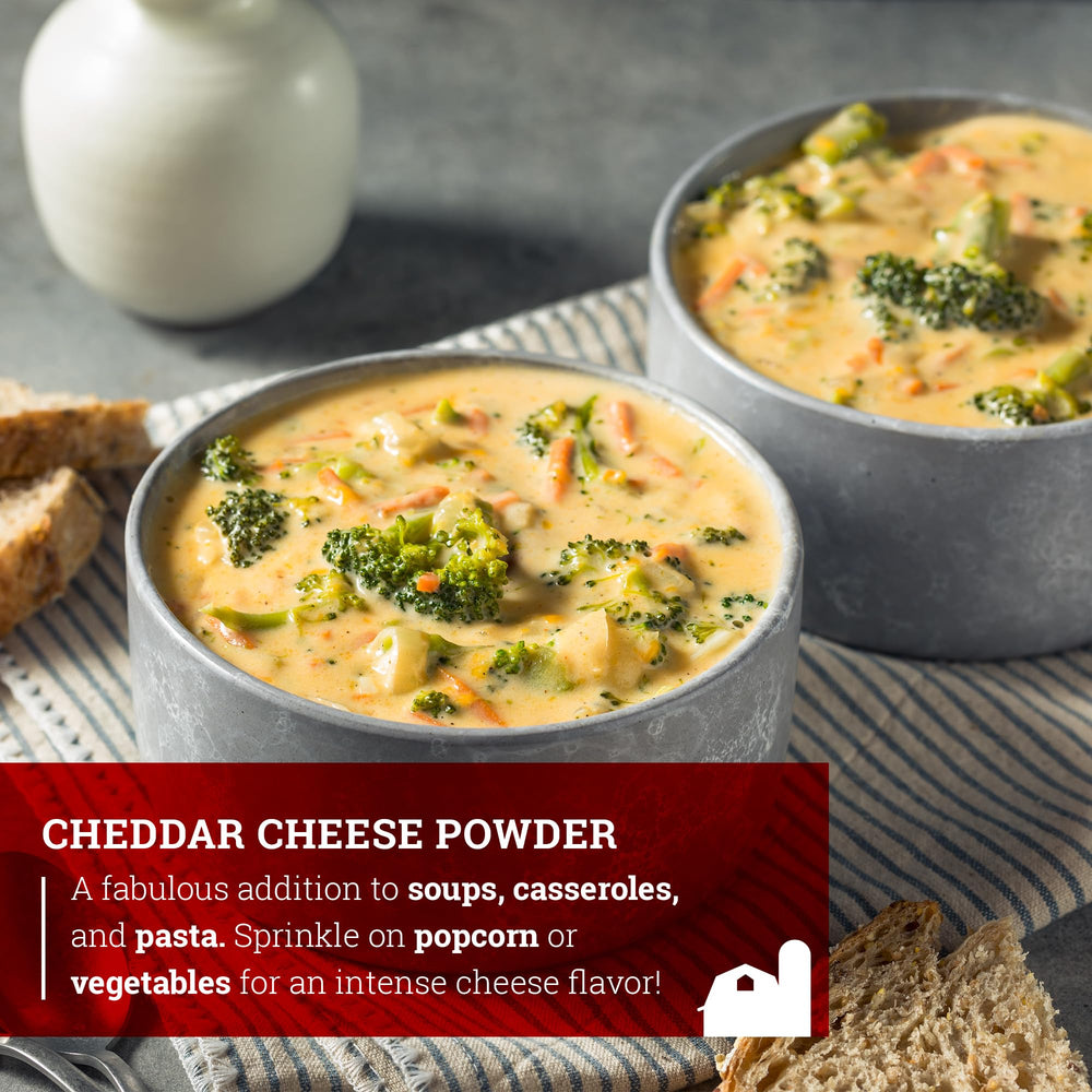 Kitchen scene showing Hoosier Hill Farm cheddar cheese powder as a pantry staple.