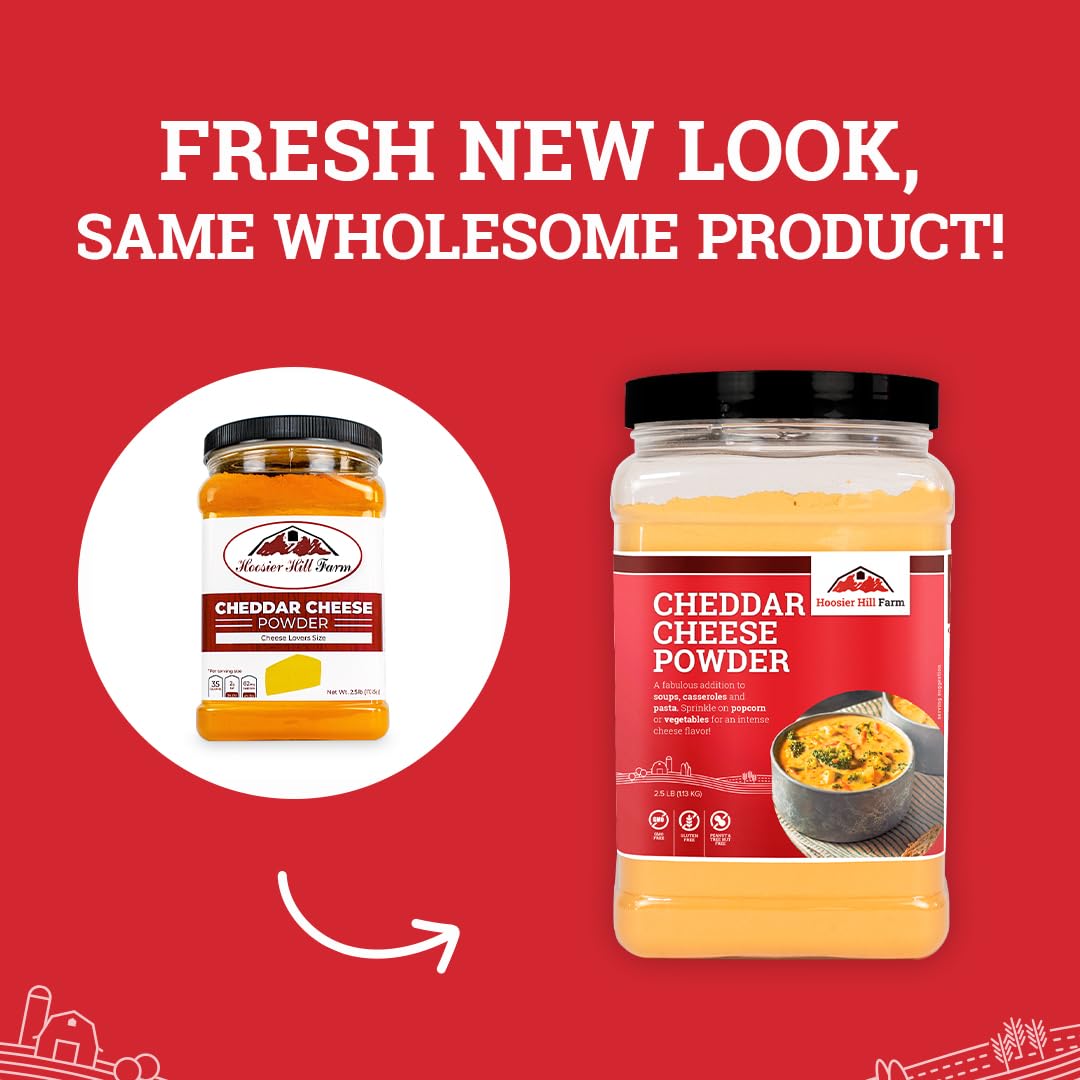 Tub of Hoosier Hill Farm cheddar cheese powder resting beside cooking utensils.