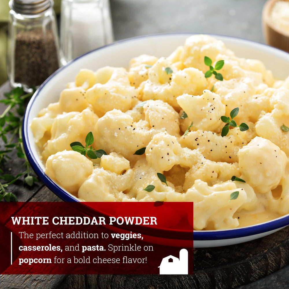 Milk allergen note on Hoosier Hill Farm cheddar powder packaging