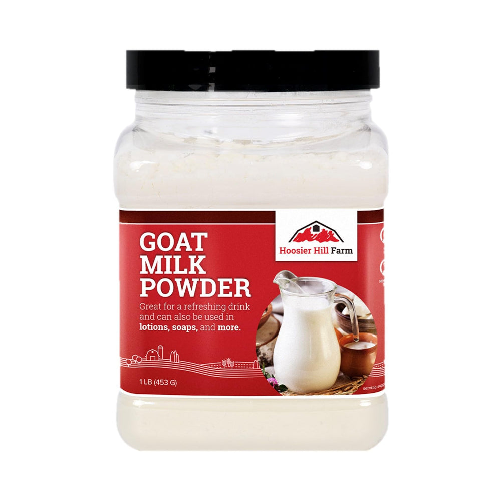 Hoosier Hill Farm goat milk powder in a 1 lb tin, ideal for dairy-free recipes.