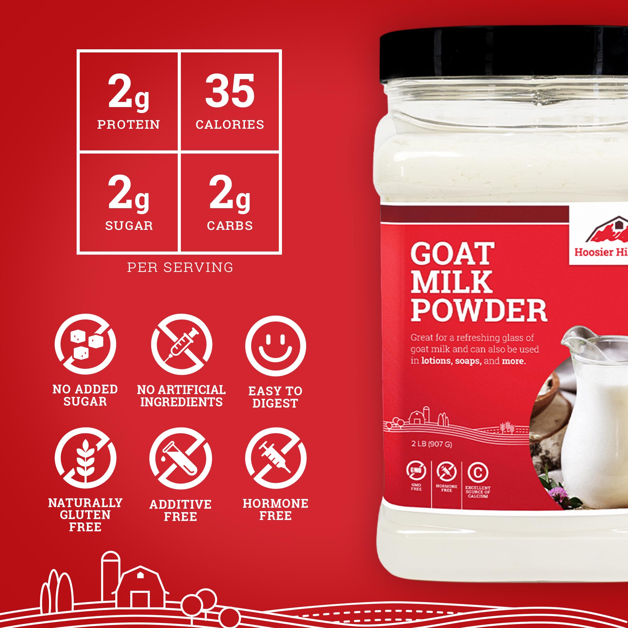 Hoosier Hill Farm goat milk powder highlights natural vitamins and minerals.