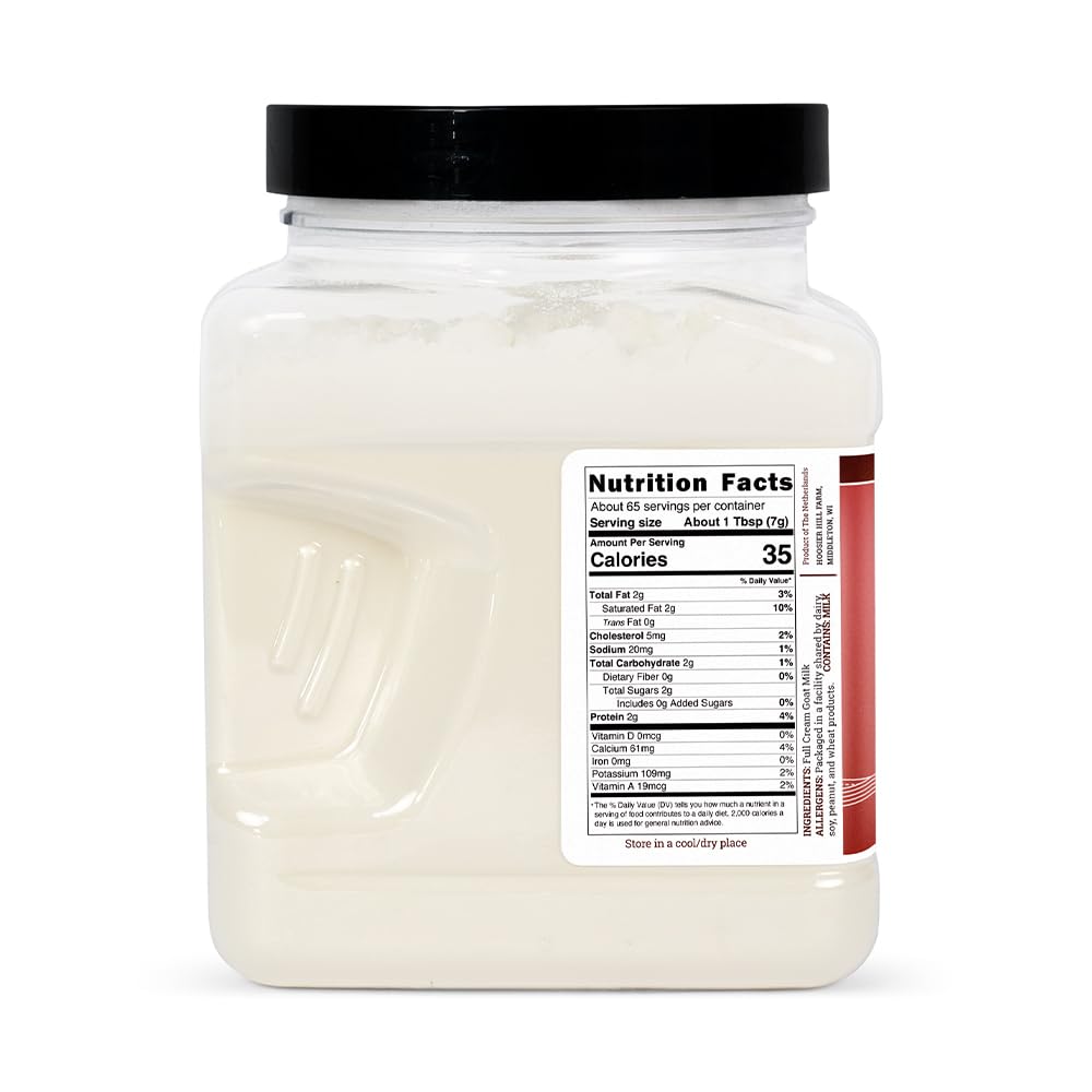 Hoosier Hill Farm goat milk powder pour image, easy mixing for smoothies.