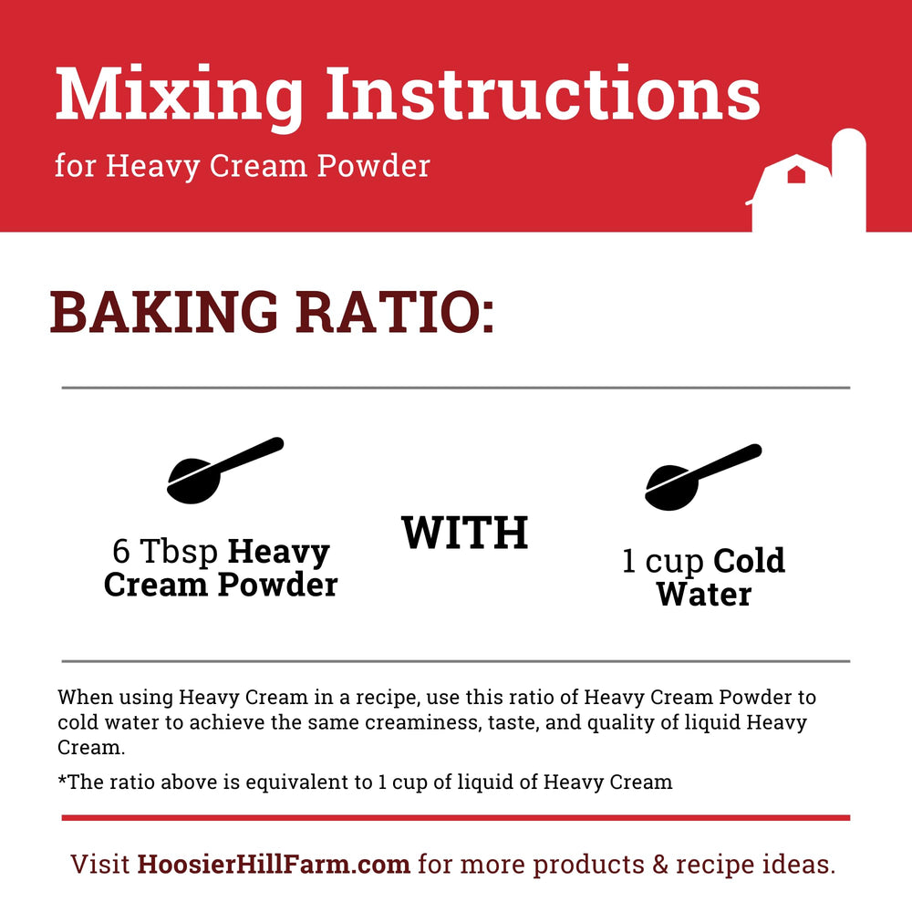 Hoosier Hill Farm heavy cream powder close-up shows 72% butterfat.