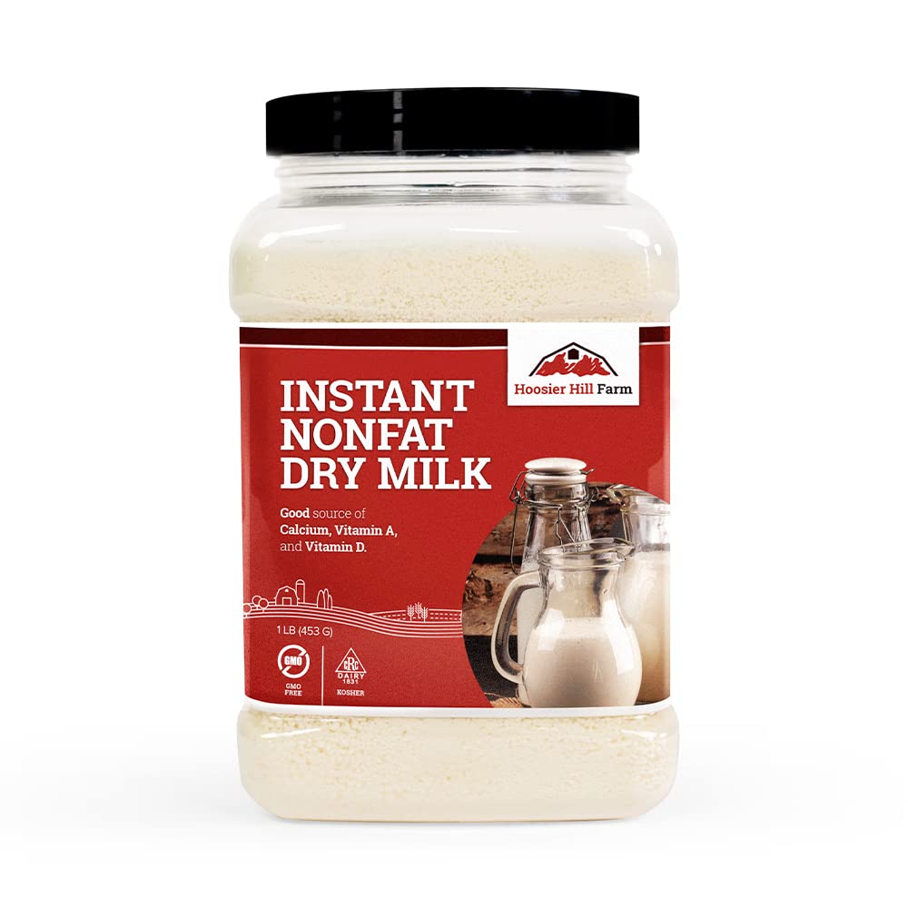 Hoosier Hill Farm instant nonfat dry milk powder in 1 lb package for quick, versatile cooking.