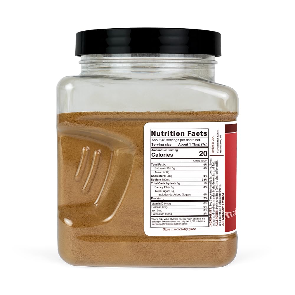 Hoosier Hill Farm Soy Sauce Powder label close-up, ready for versatile umami flavor in meals