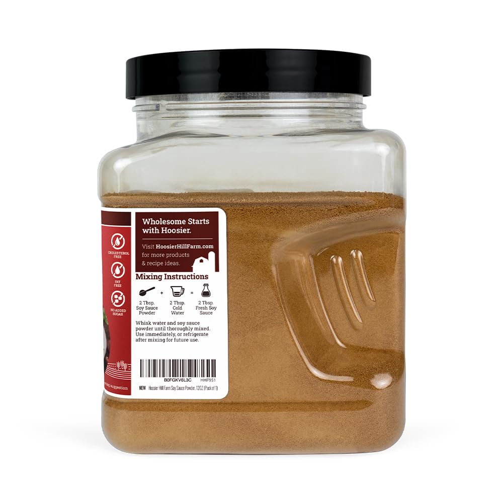 Hoosier Hill Farm Soy Sauce Powder jar showing weight-based fill and settling