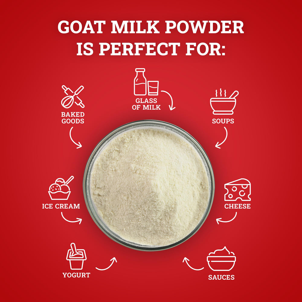 Storage guidance for Hoosier Hill Farm goat milk powder in a cool, dry place.