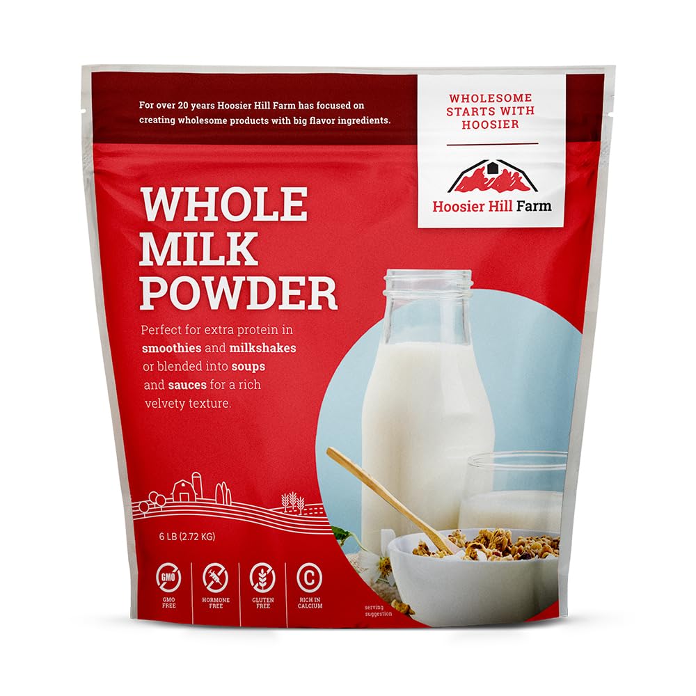 Hoosier Hill Farm Whole Milk Powder packaging showing a 6 lb bag for cooking versatility