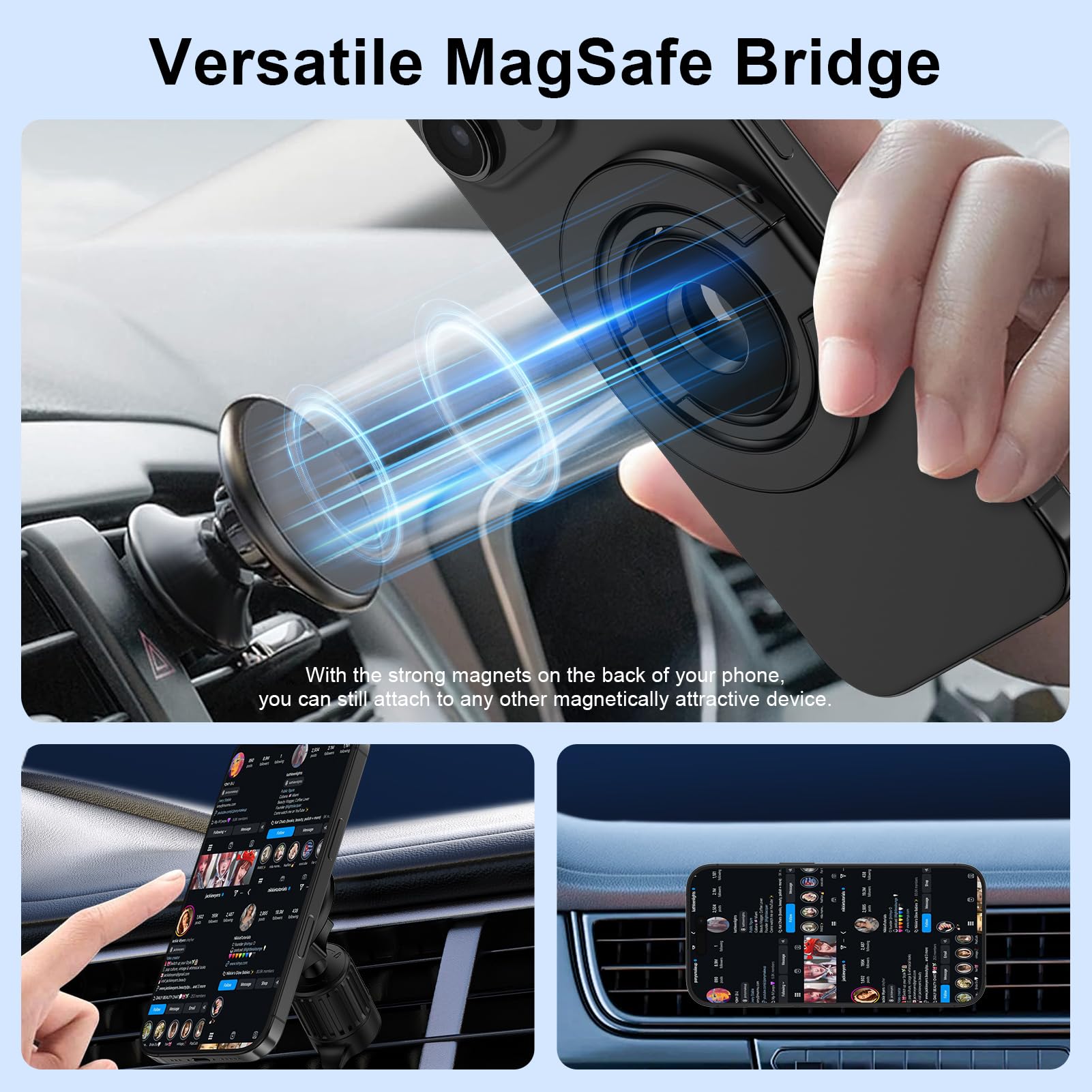 HOOTEK dual-magnetic ring holder attached to a car mount for hands-free driving