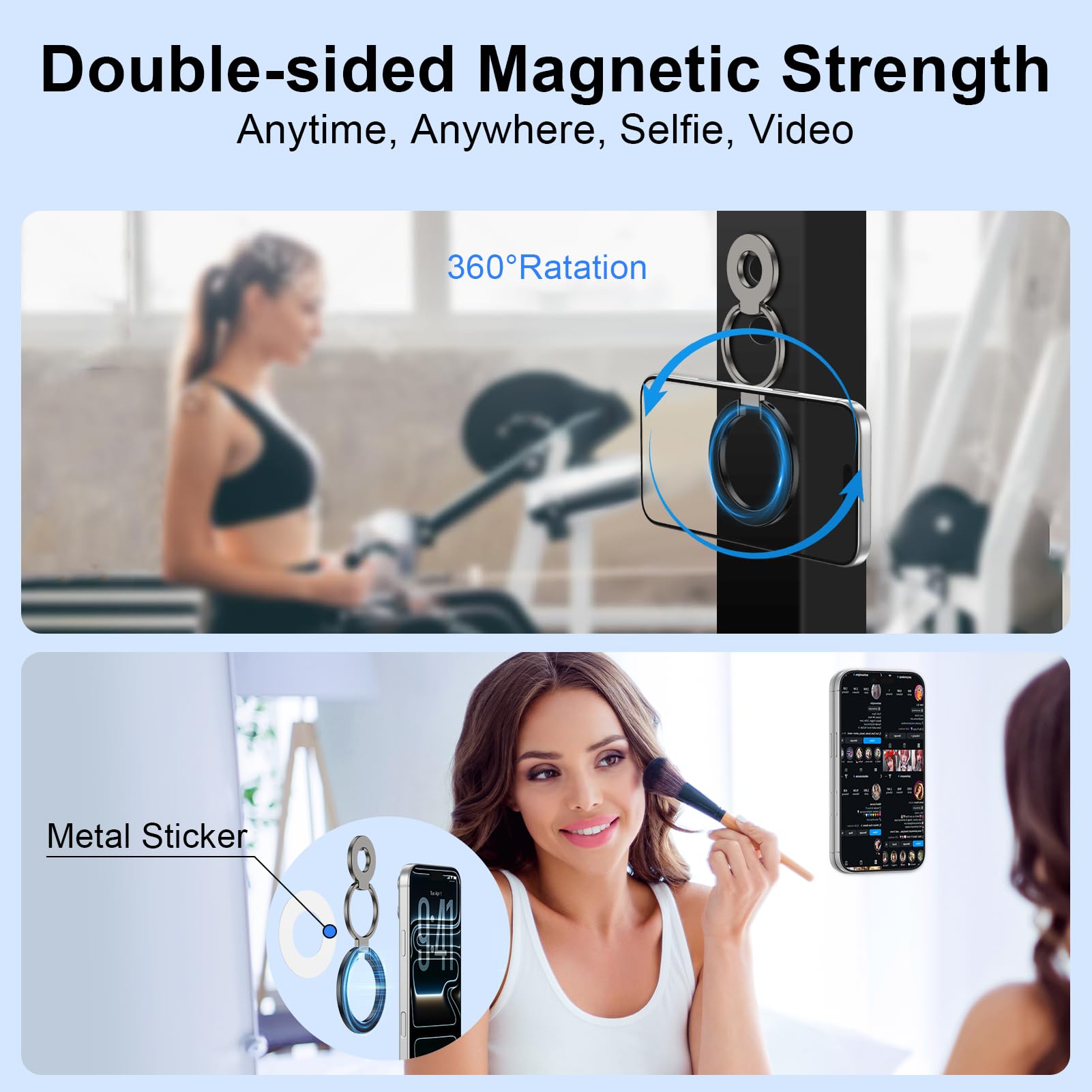 HOOTEK ring holder shows 360° rotation and 280° flip for versatile viewing.