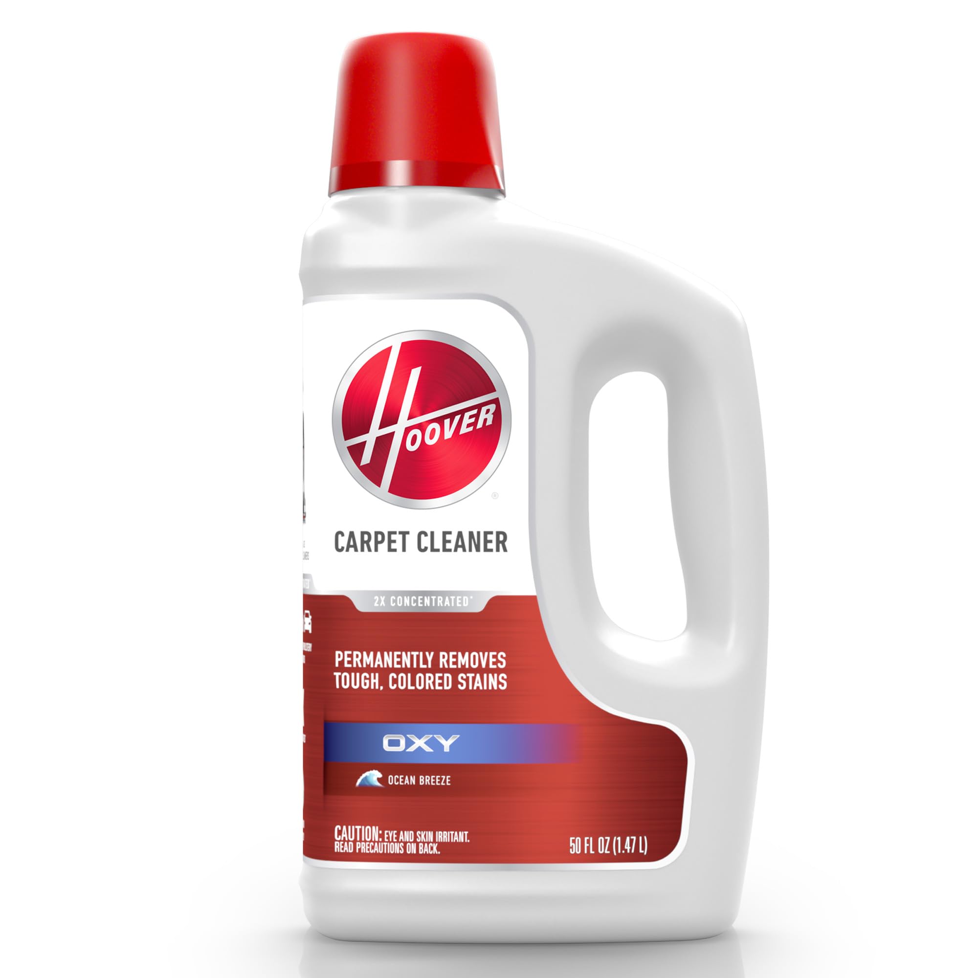 Hoover Oxy carpet cleaner bottle with Ocean Breeze scent removes tough stains.