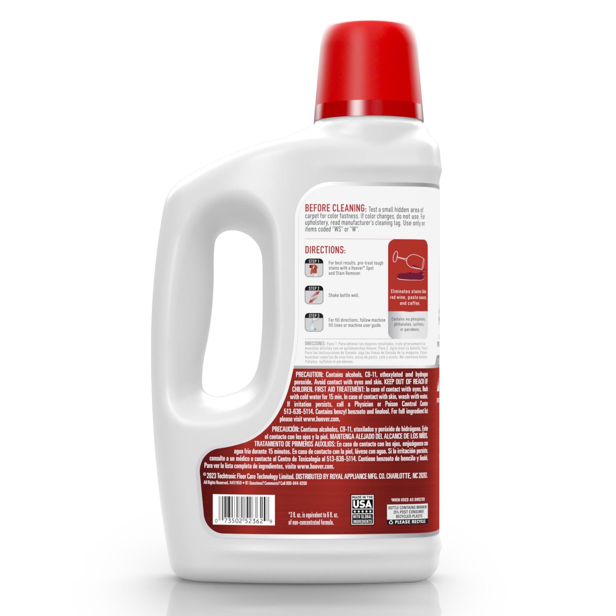 Hoover Oxy label highlights fast-acting oxy technology for tough colored stains.