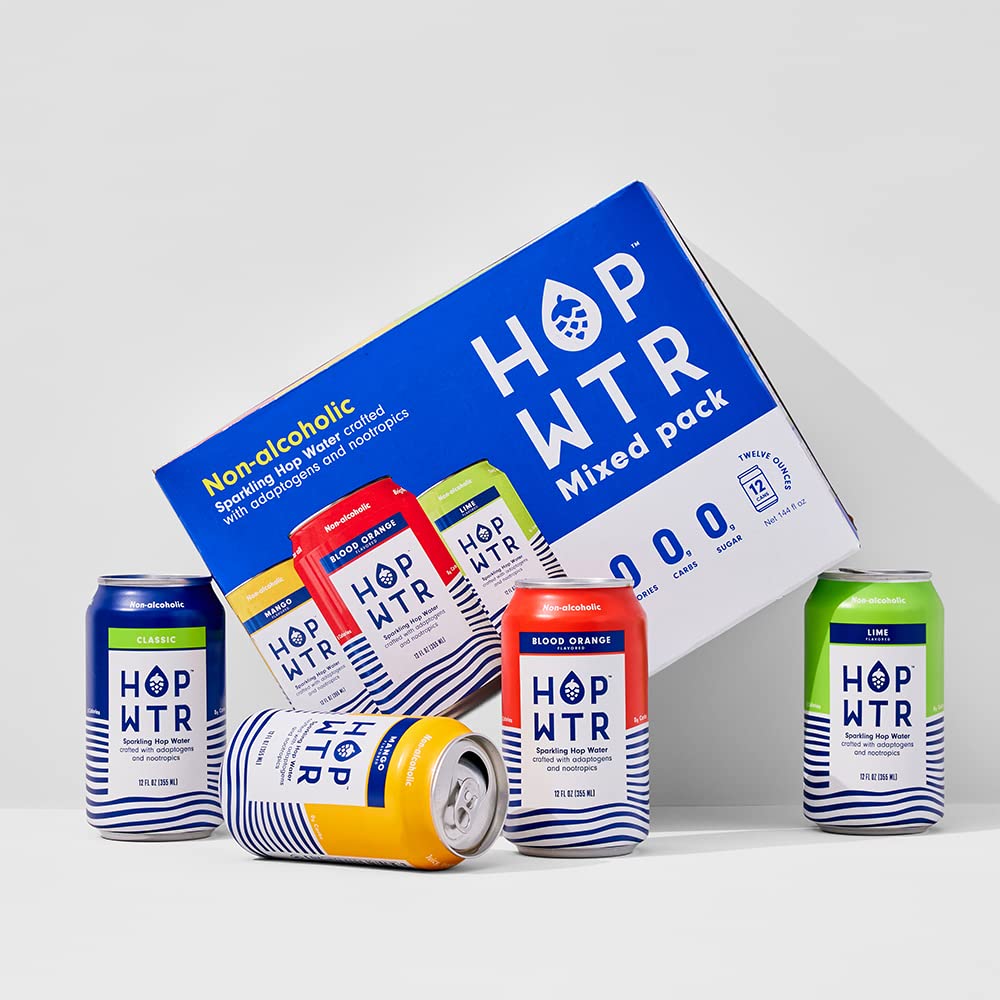 HOP WTR glass emphasizes no calories, gluten-free and adaptogen benefits