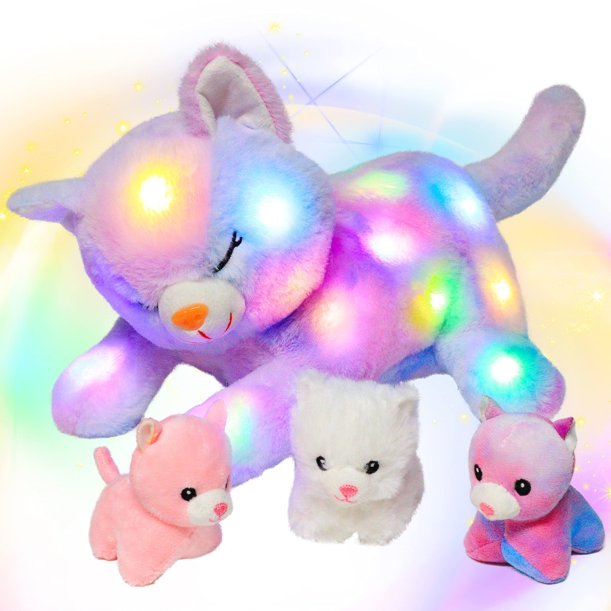 Hopearl LED plush cat mommy with three kittens in her belly, ideal for cozy storytelling.