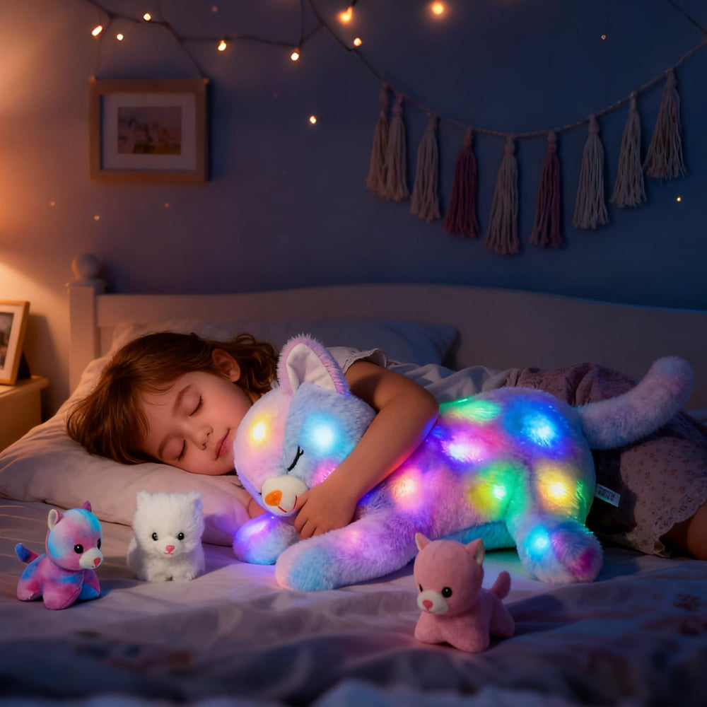 Hopearl LED plush cat with rainbow plush details glows softly at night.