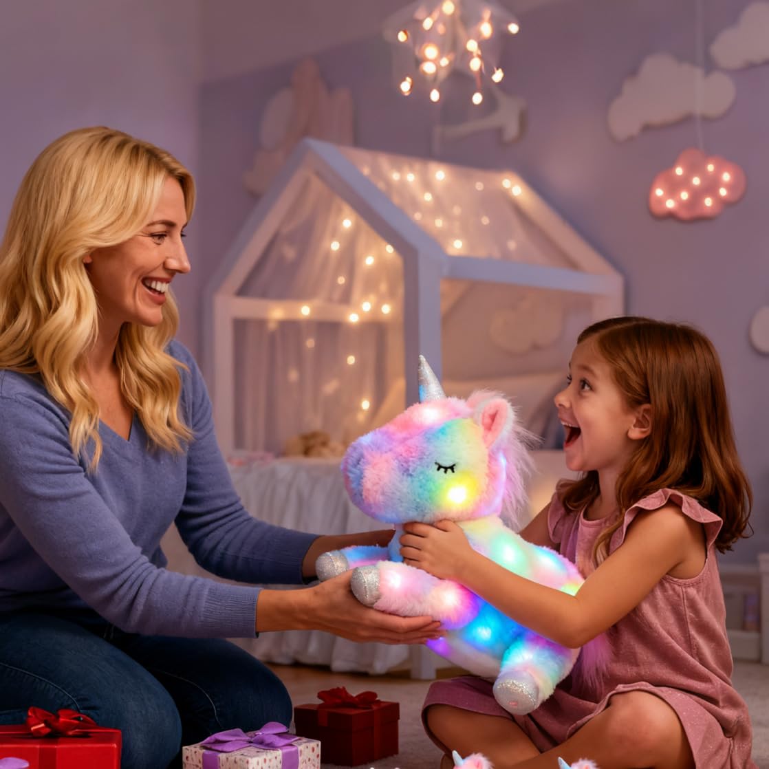 Hopearl LED plush unicorn packaging shown as a gift-ready set.