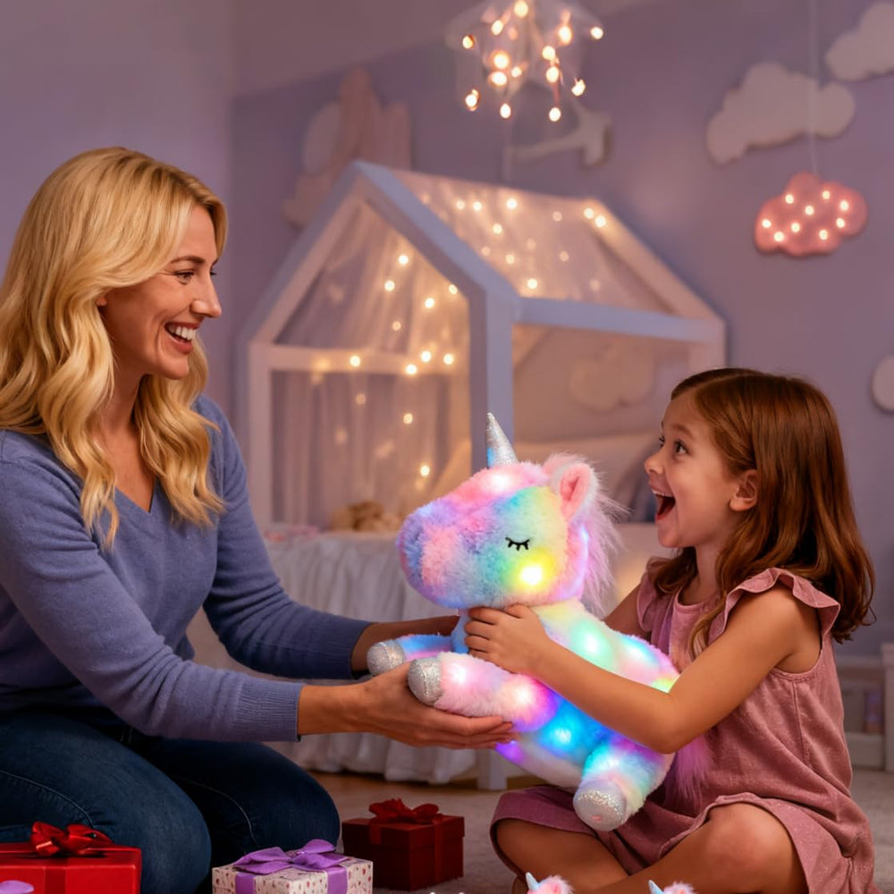 Hopearl LED plush unicorn packaging shown as a gift-ready set.