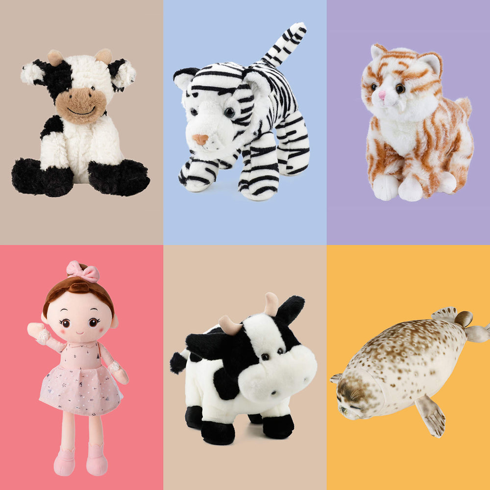 Hopearl cow toy's portable size fits beds, shelves, and car trips.