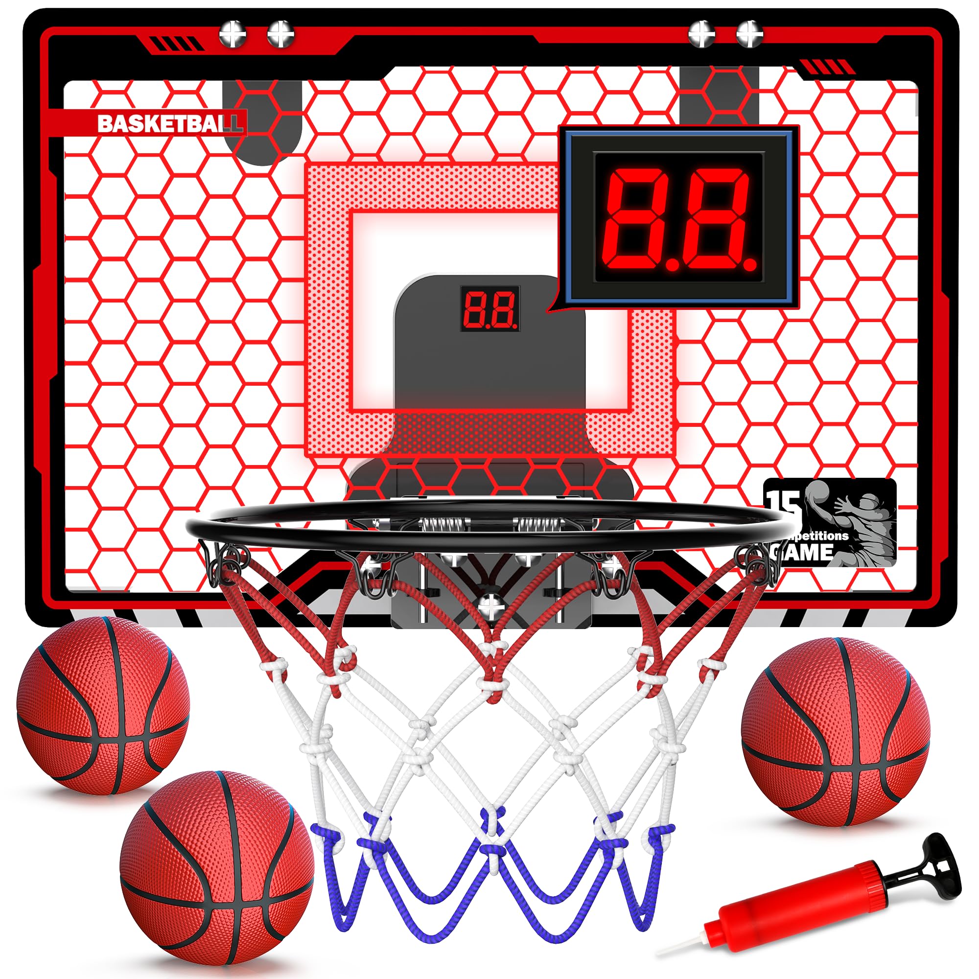 HopeRock indoor basketball hoop with LED backboard lights up kids' playtime for endless fun.