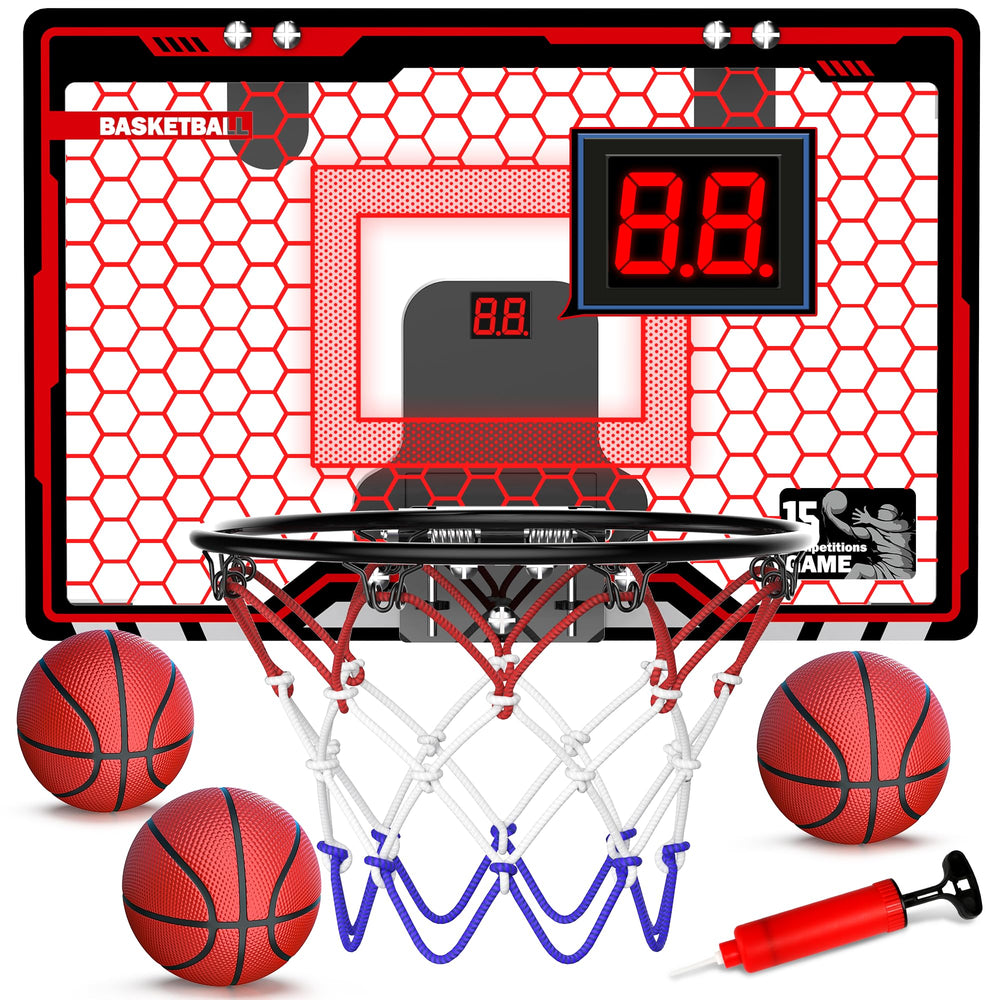 HopeRock indoor basketball hoop with LED backboard lights up kids' playtime for endless fun.