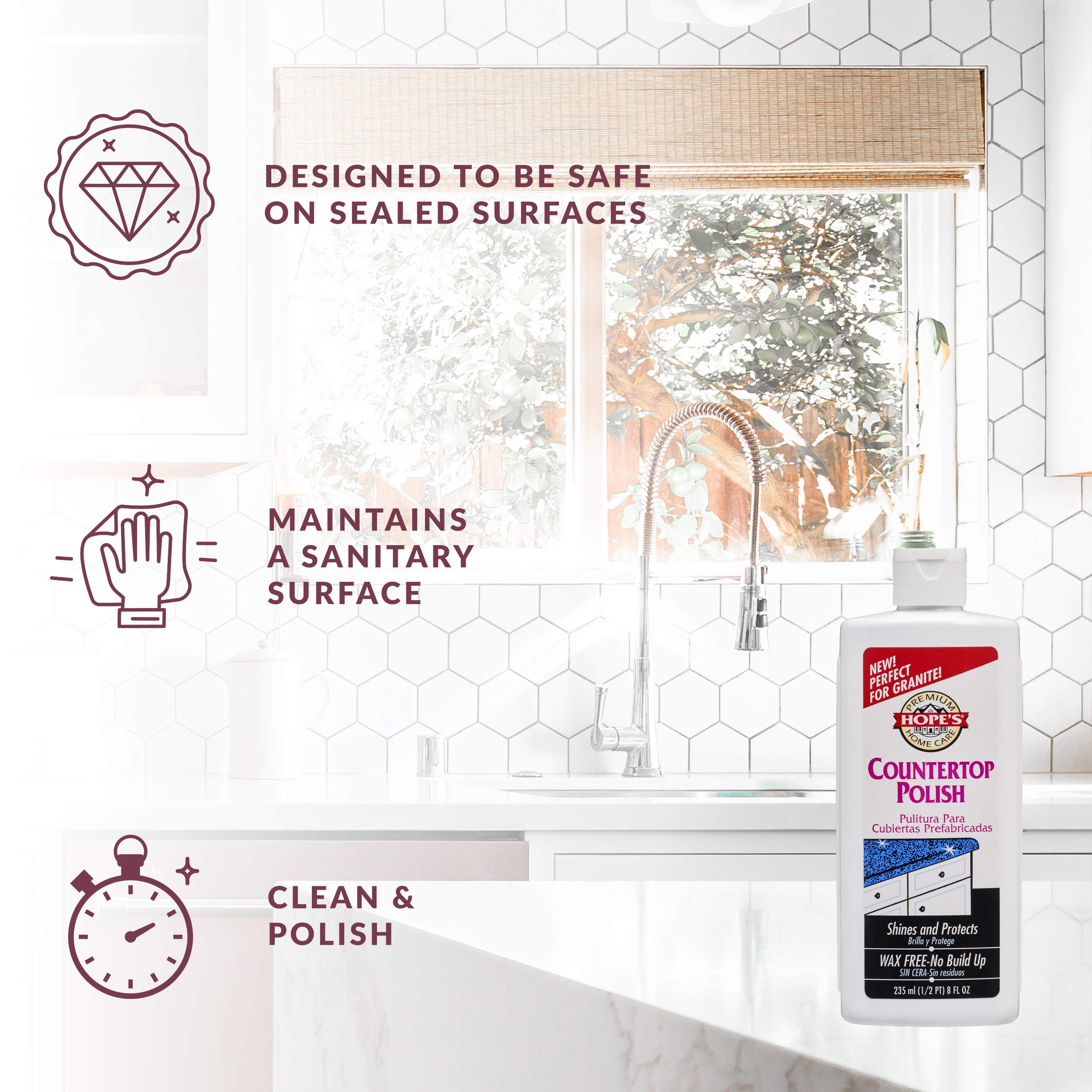 Wax-free formula delivers a pristine shine on marble surfaces.