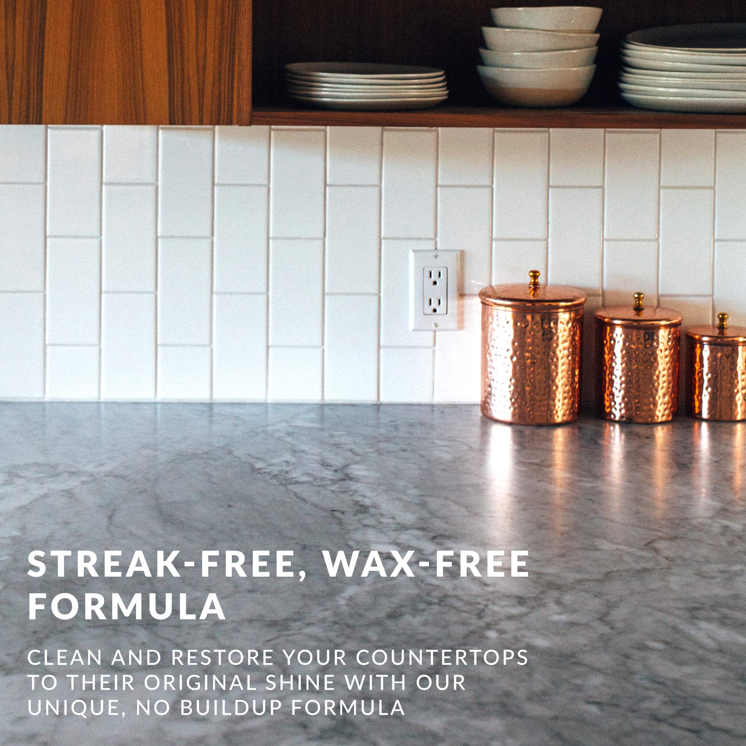 Multi-surface cleaning action on granite, quartz, and marble with HOPE'S polish.