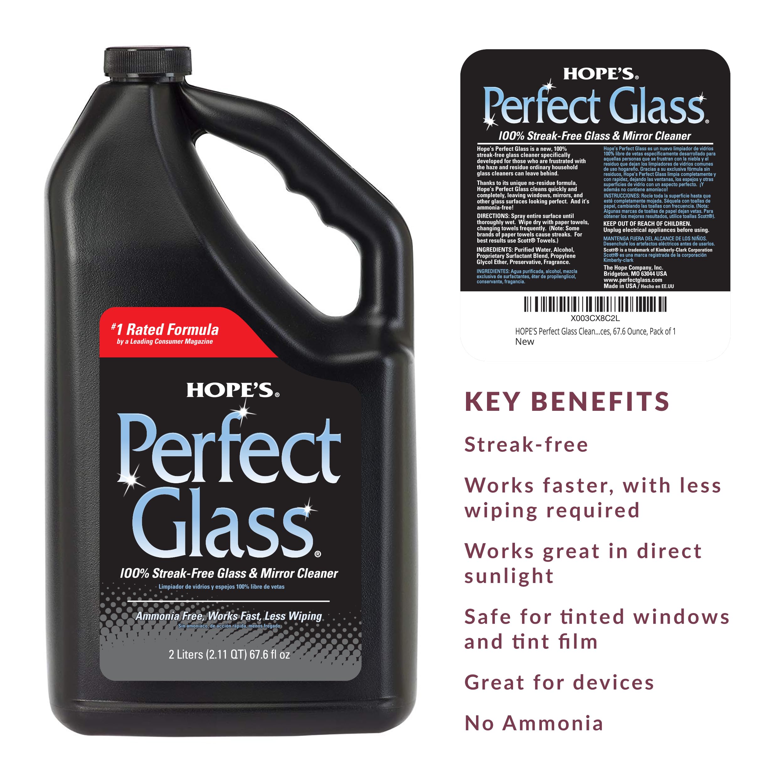 HOPE'S Glass Cleaner multi-surface formula cleans showers, mirrors, and tables