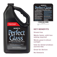 HOPE'S Glass Cleaner multi-surface formula cleans showers, mirrors, and tables