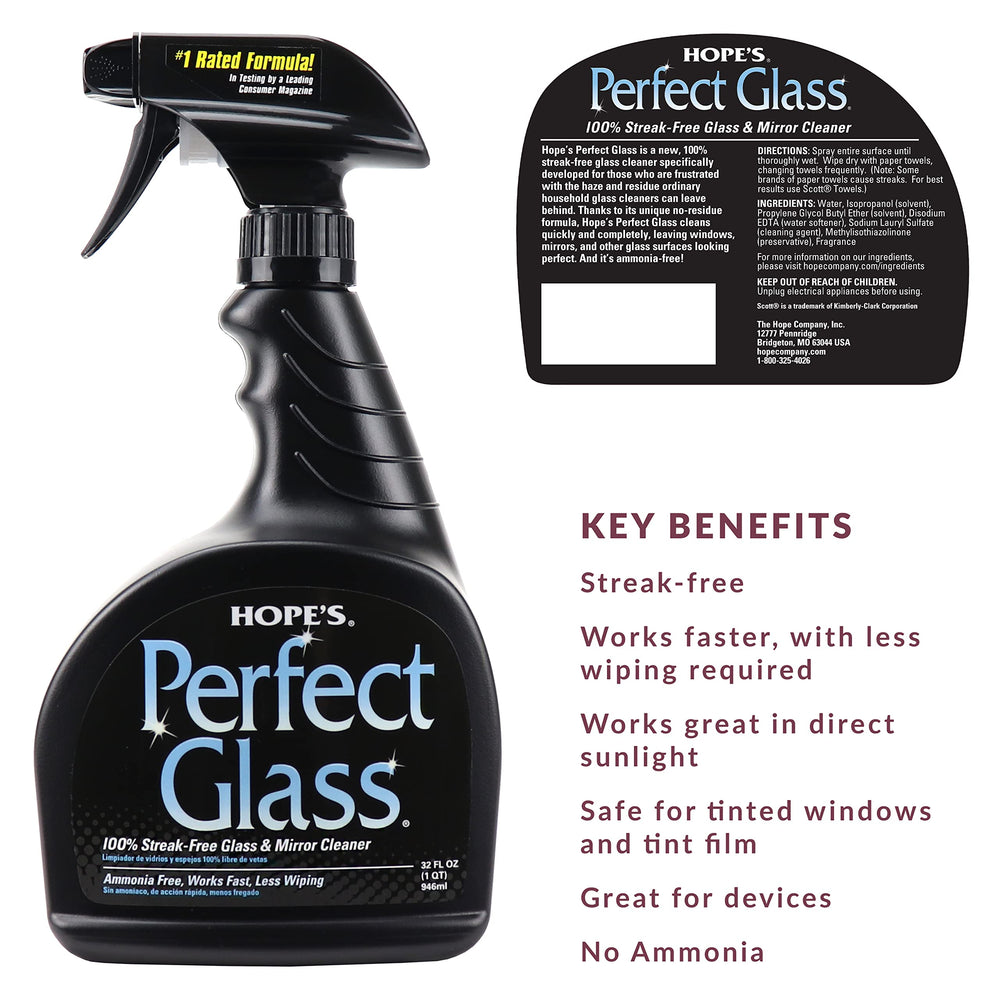 HOPE'S Perfect Glass spray-action demonstrates quick, spray-and-wipe use for spotless surfaces