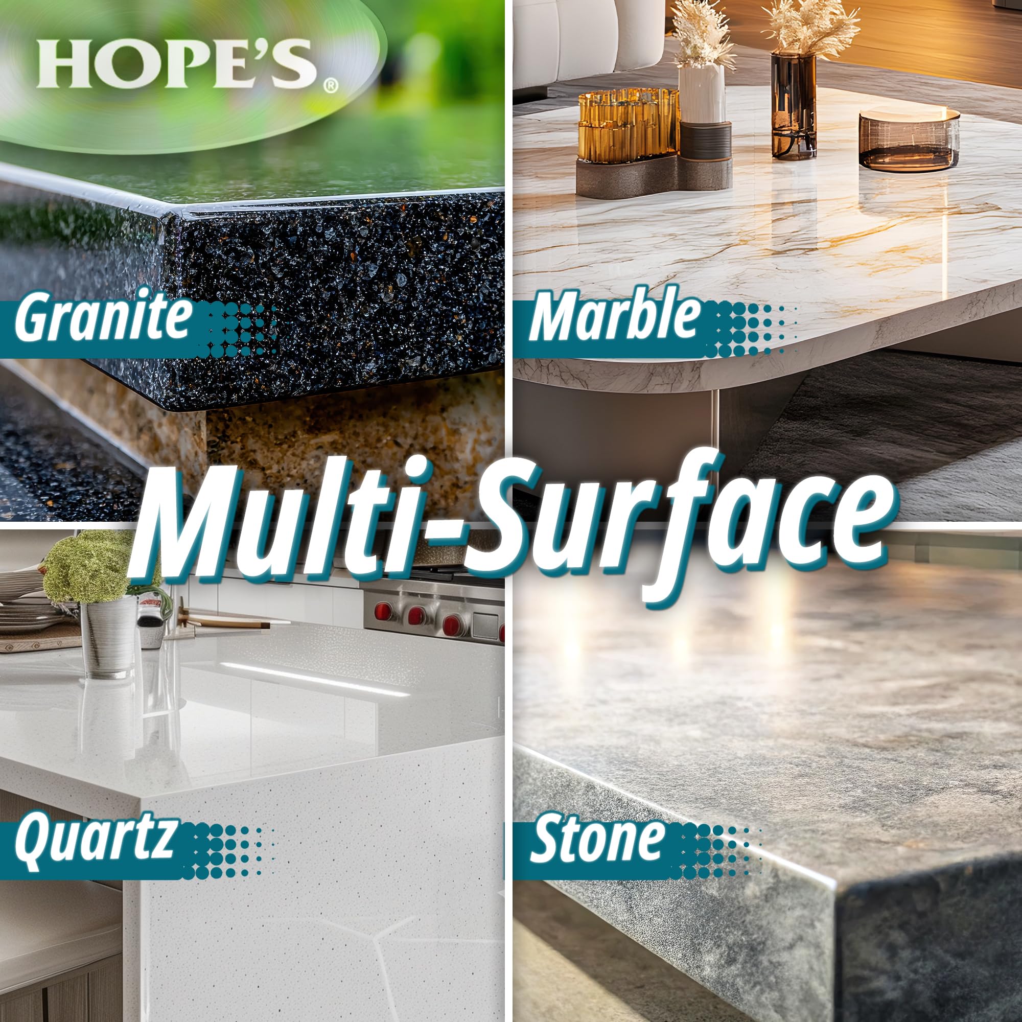 HOPE'S Perfect Quartz before-after-countertop shows dramatic stain removal.