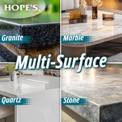 HOPE'S Perfect Quartz before-after-countertop shows dramatic stain removal.