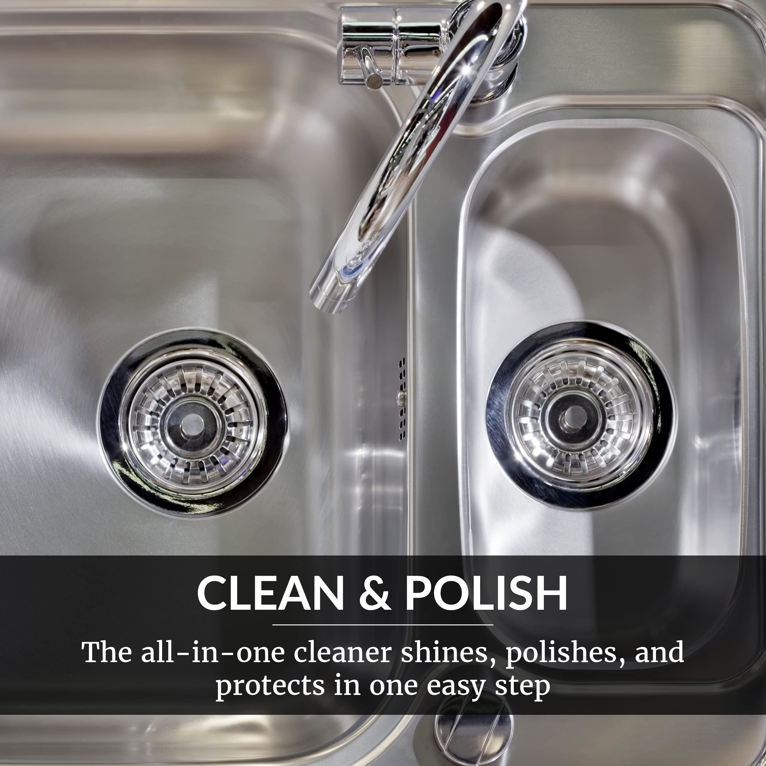 HOPE'S Perfect Sink after-use shine on brushed stainless and porcelain surfaces.