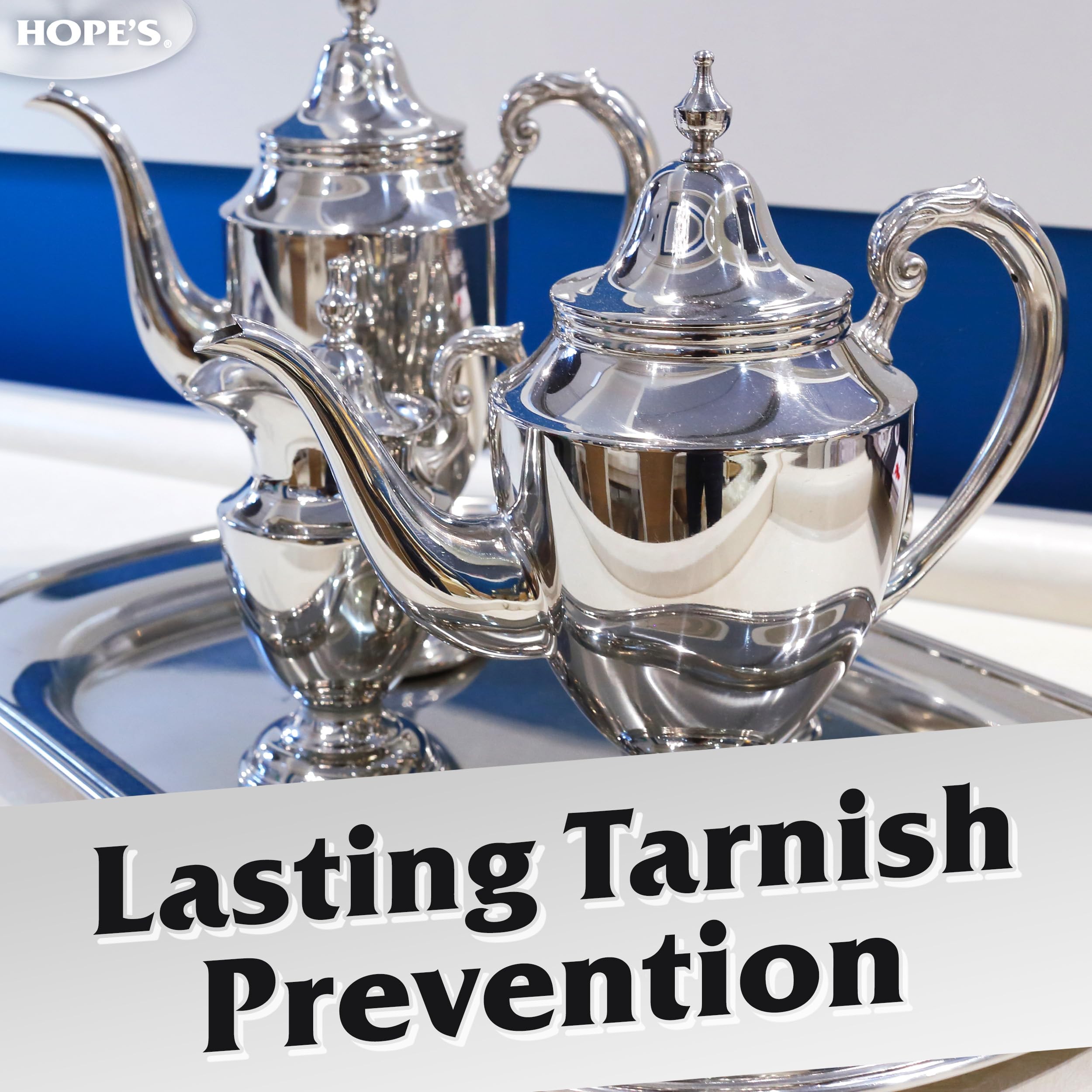 HOPE'S Silver Polish protective barrier slows tarnish between cleanings