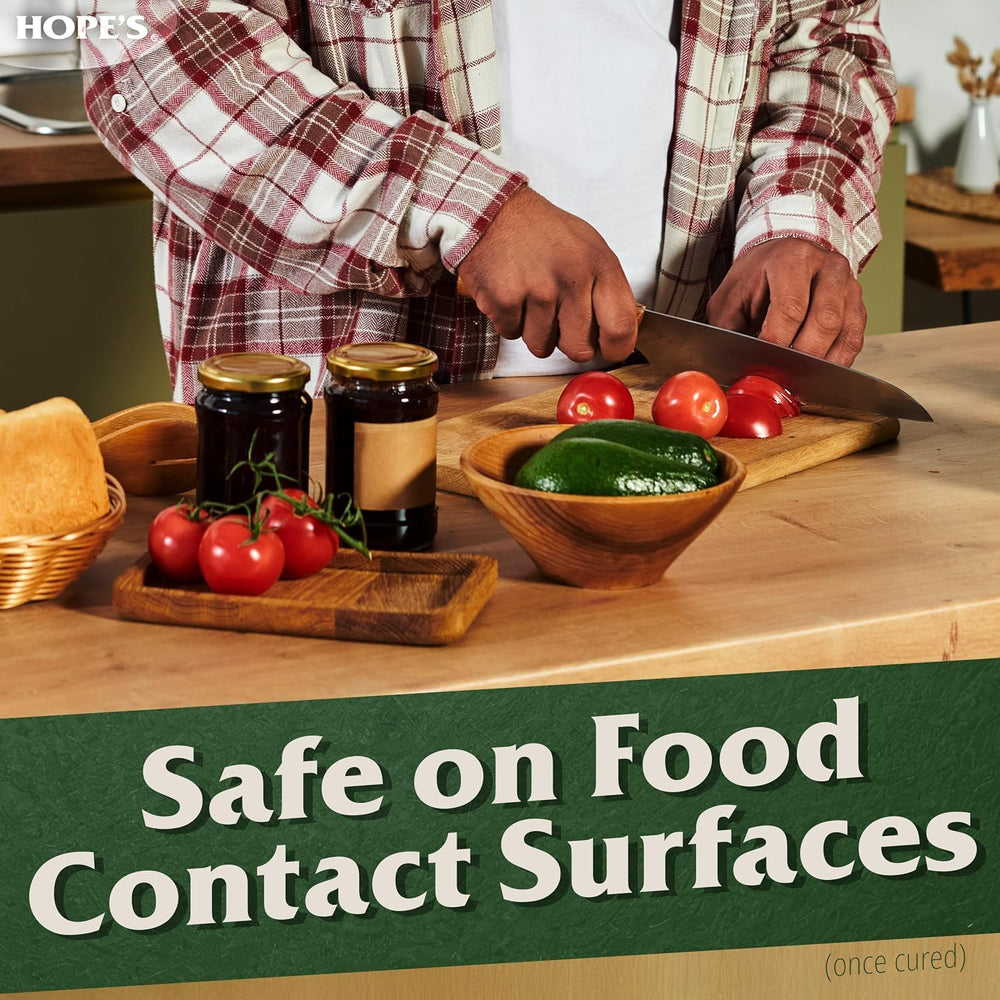 Food-contact surfaces treated by HOPE'S Tung Oil for safe-use surfaces