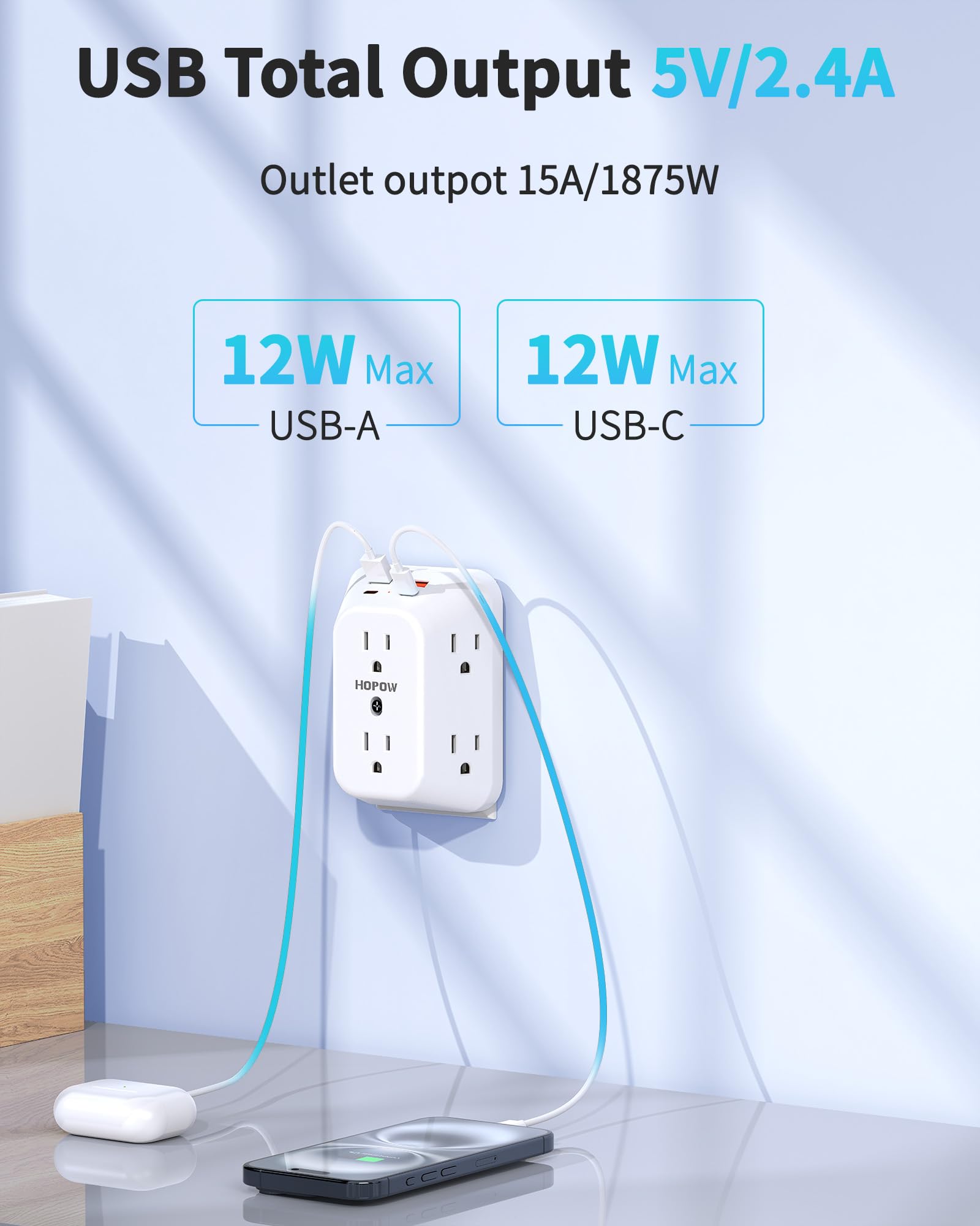 HOPOW 1050J surge protector guards electronics against power spikes.