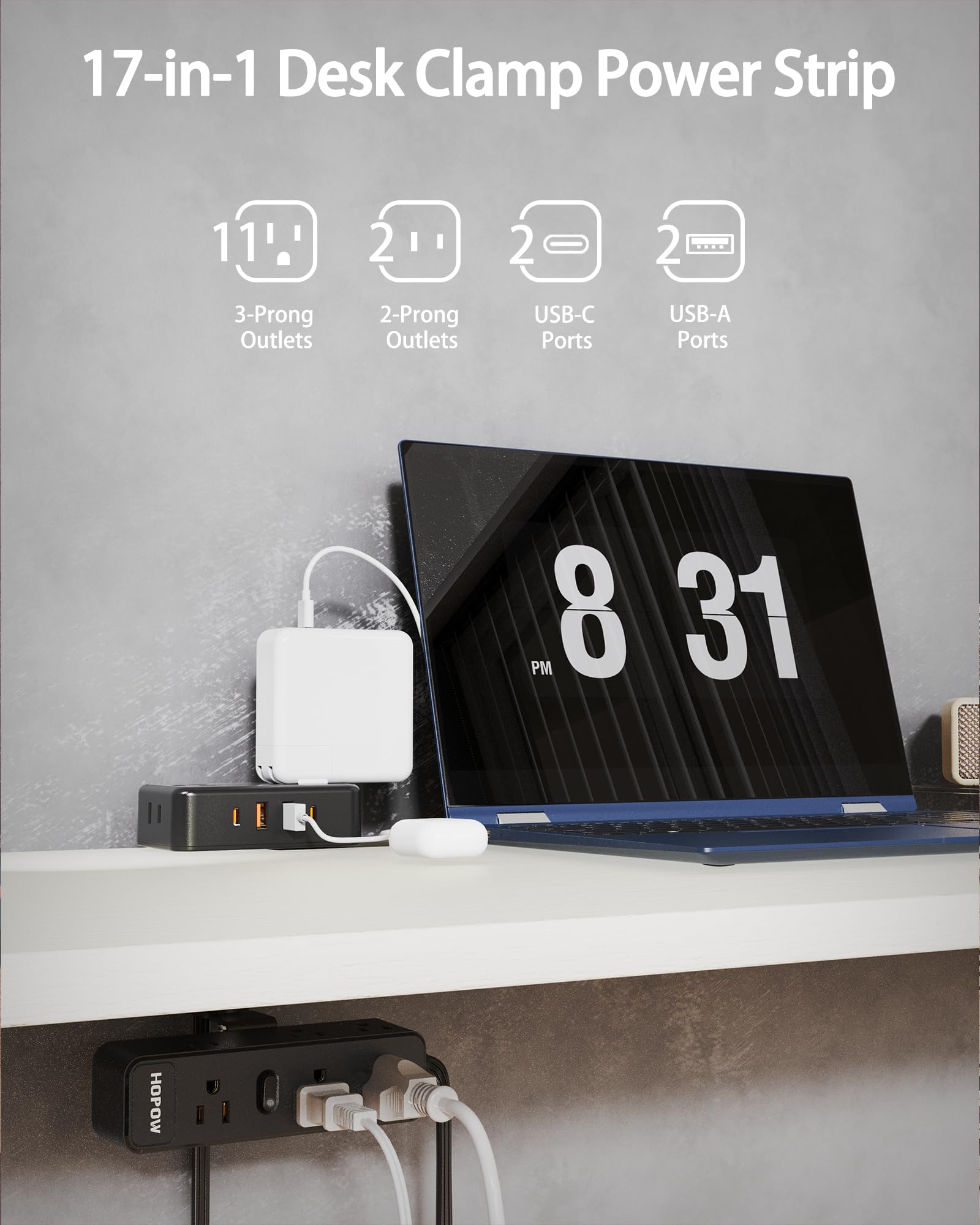HOPOW 13-outlet top strip with 4 USB ports powers multiple devices.