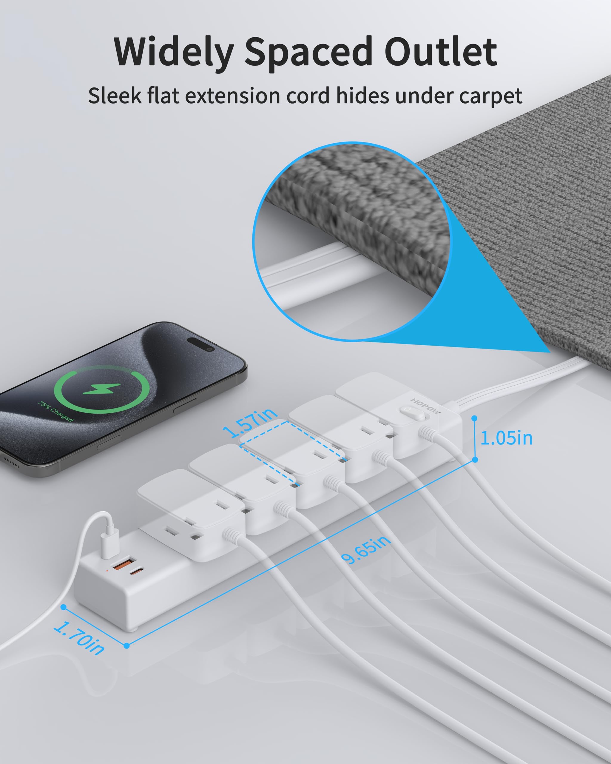 HOPOW five outlets and USB ports power multiple devices.