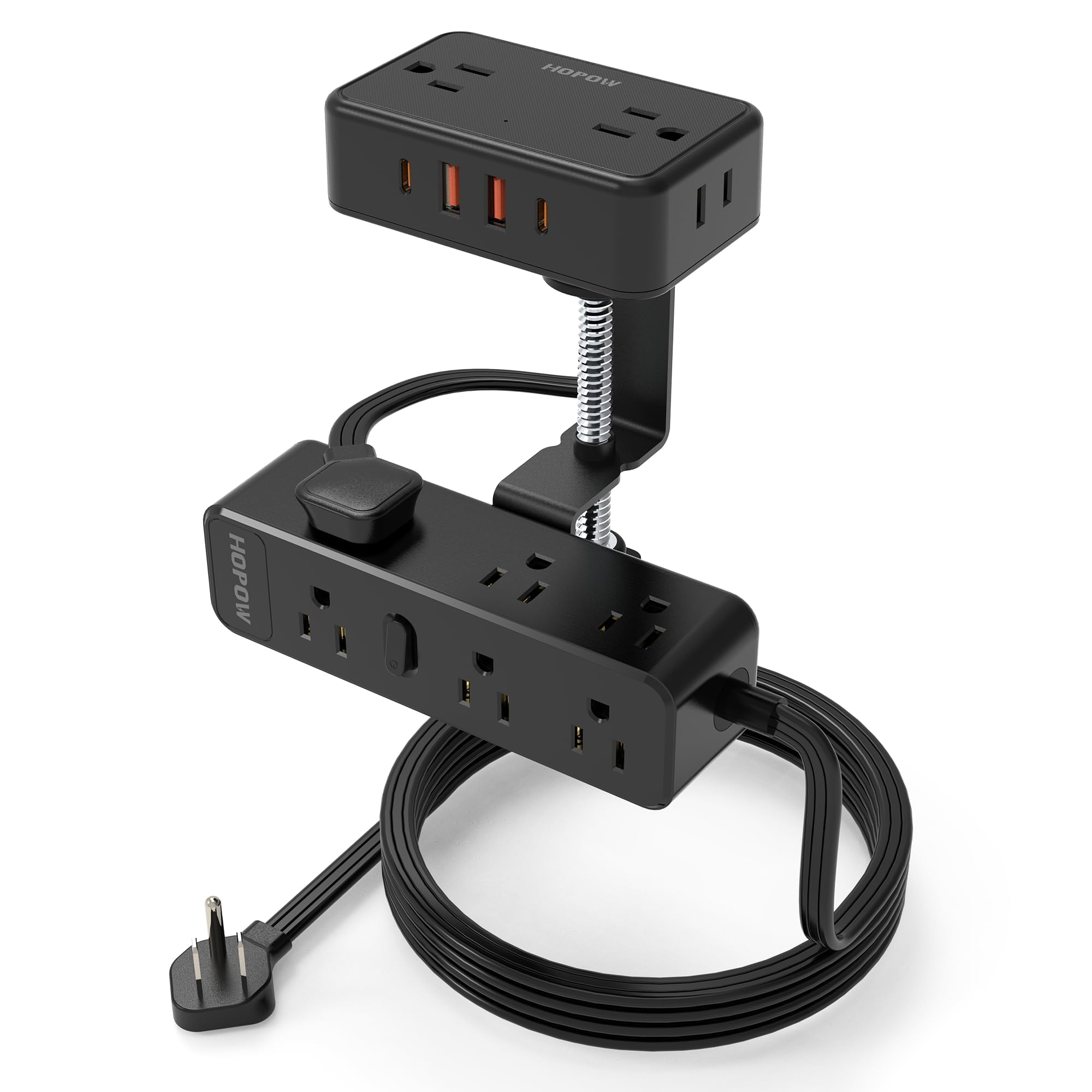 HOPOW dual-layer desk clamp base securely attaches to a desk for tidy power access.
