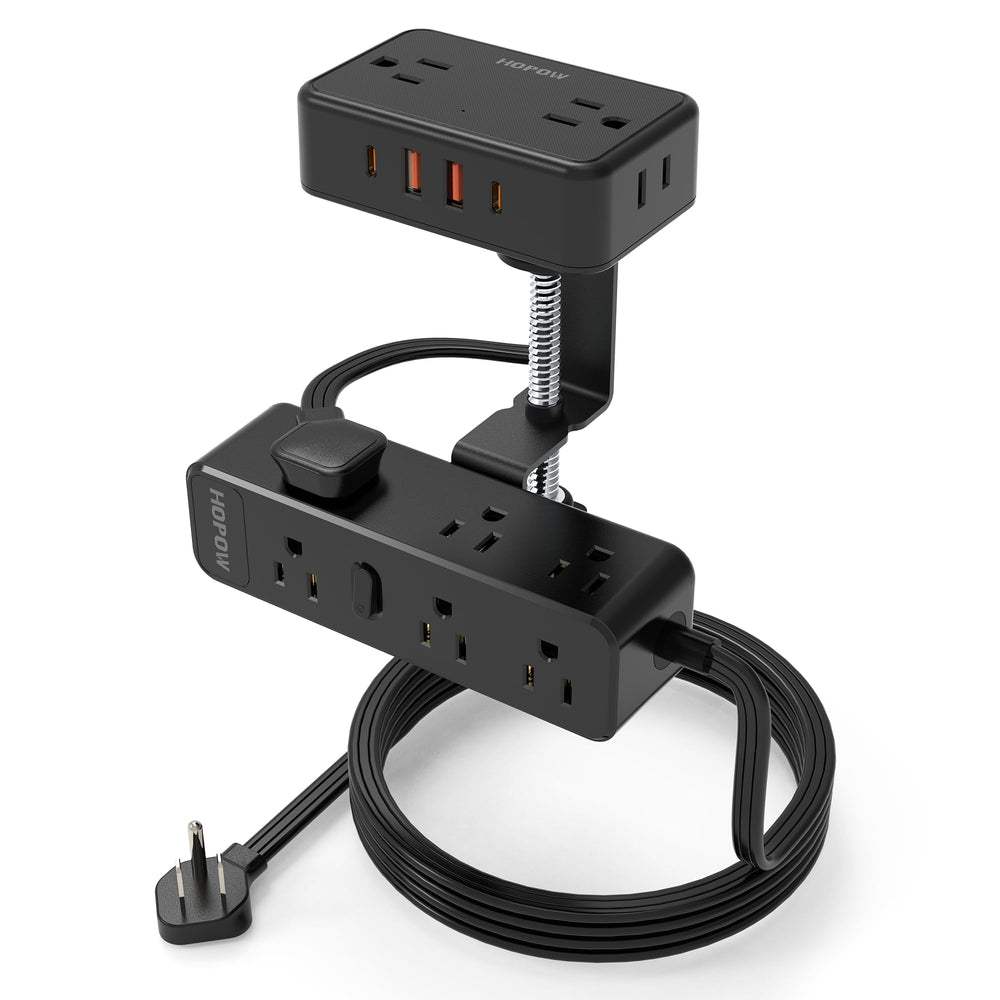 HOPOW dual-layer desk clamp base securely attaches to a desk for tidy power access.