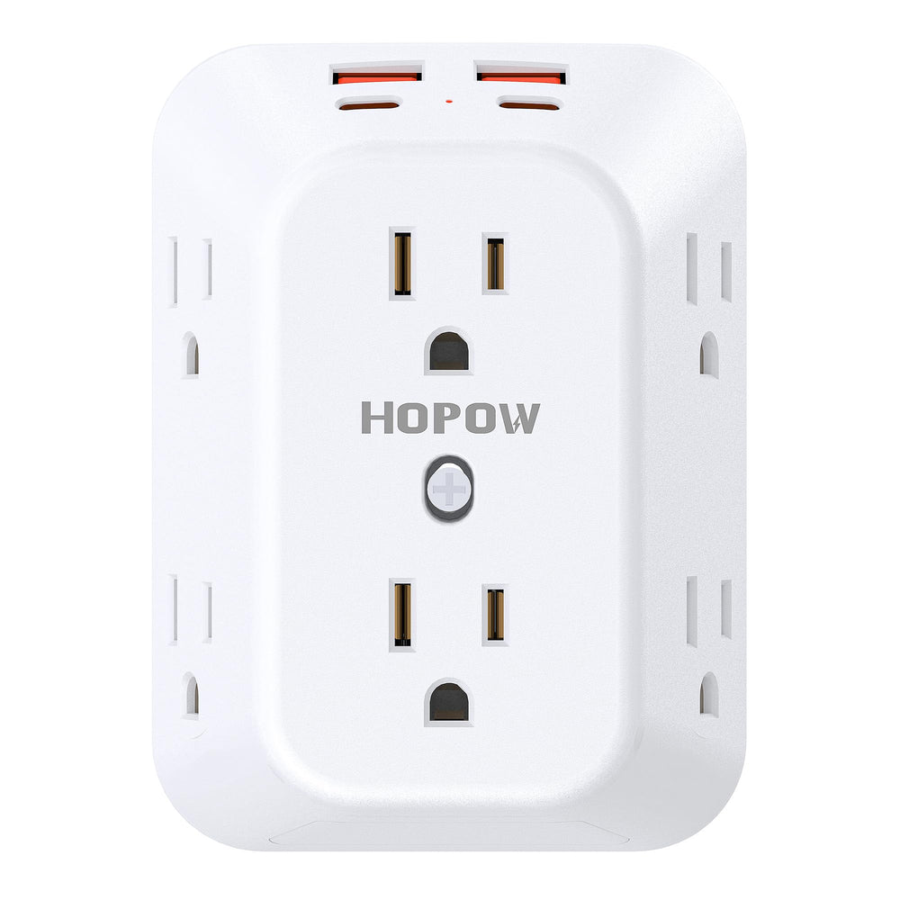 HOPOW outlet extender with 6 outlets and 4 USB ports enables simultaneous device charging.