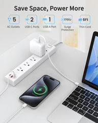 HOPOW right-angle plug keeps bottom receptacles accessible.